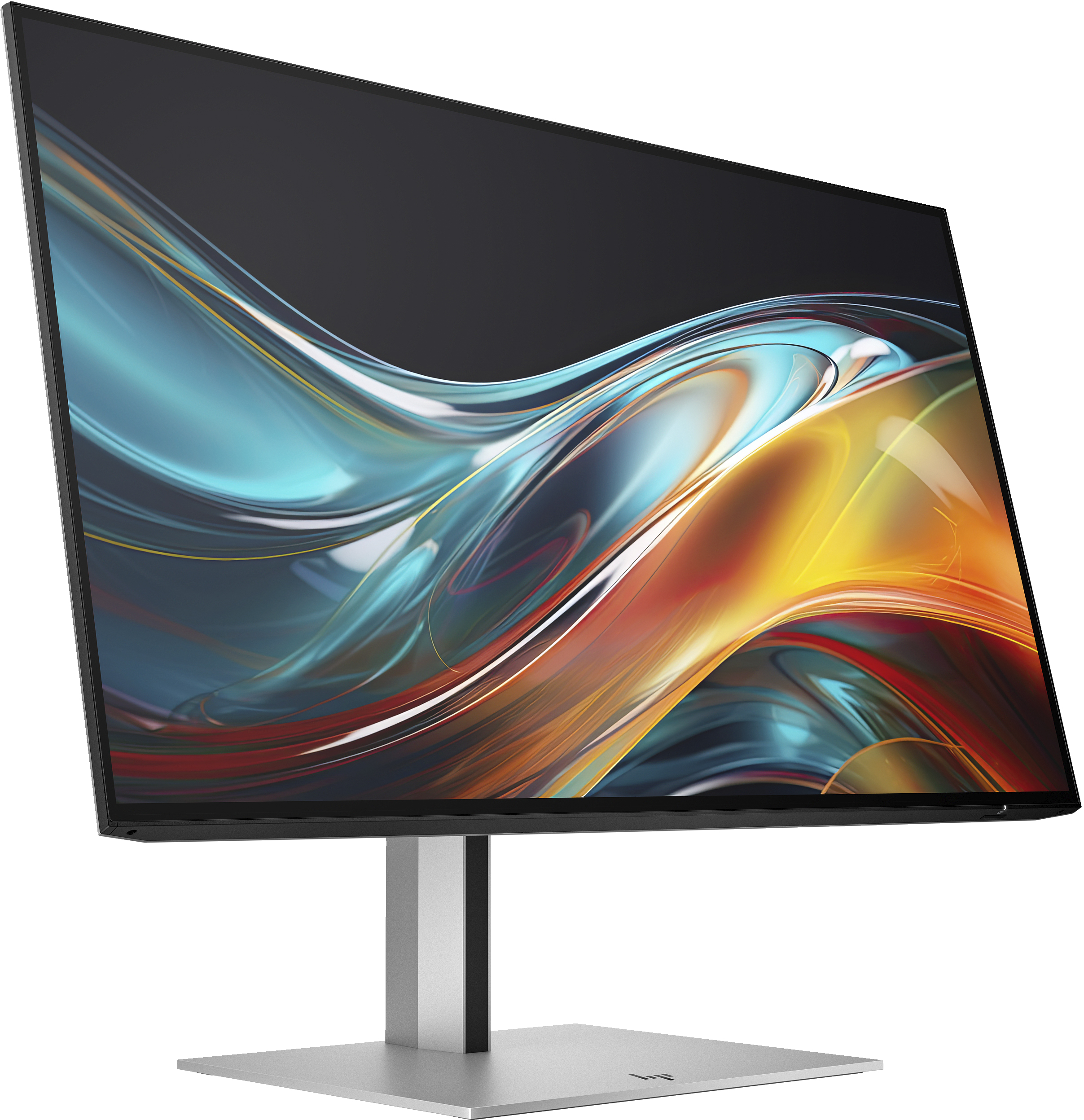 Ein Computermonitor auf einem Ständer. Der Bildschirm zeigt bunte, abstrakte Flüssigkeitskunst. Der Ständer ist silberfarben.