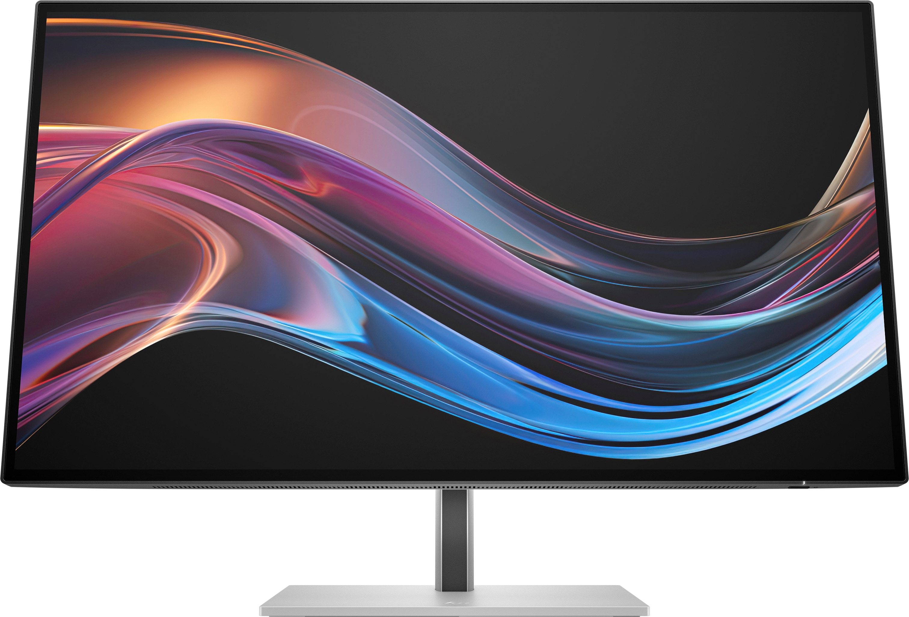 Ein Computermonitor mit schwarzem Rahmen zeigt ein farbenfrohes, fließendes abstraktes Design in Blau-, Lila- und Orangetönen.