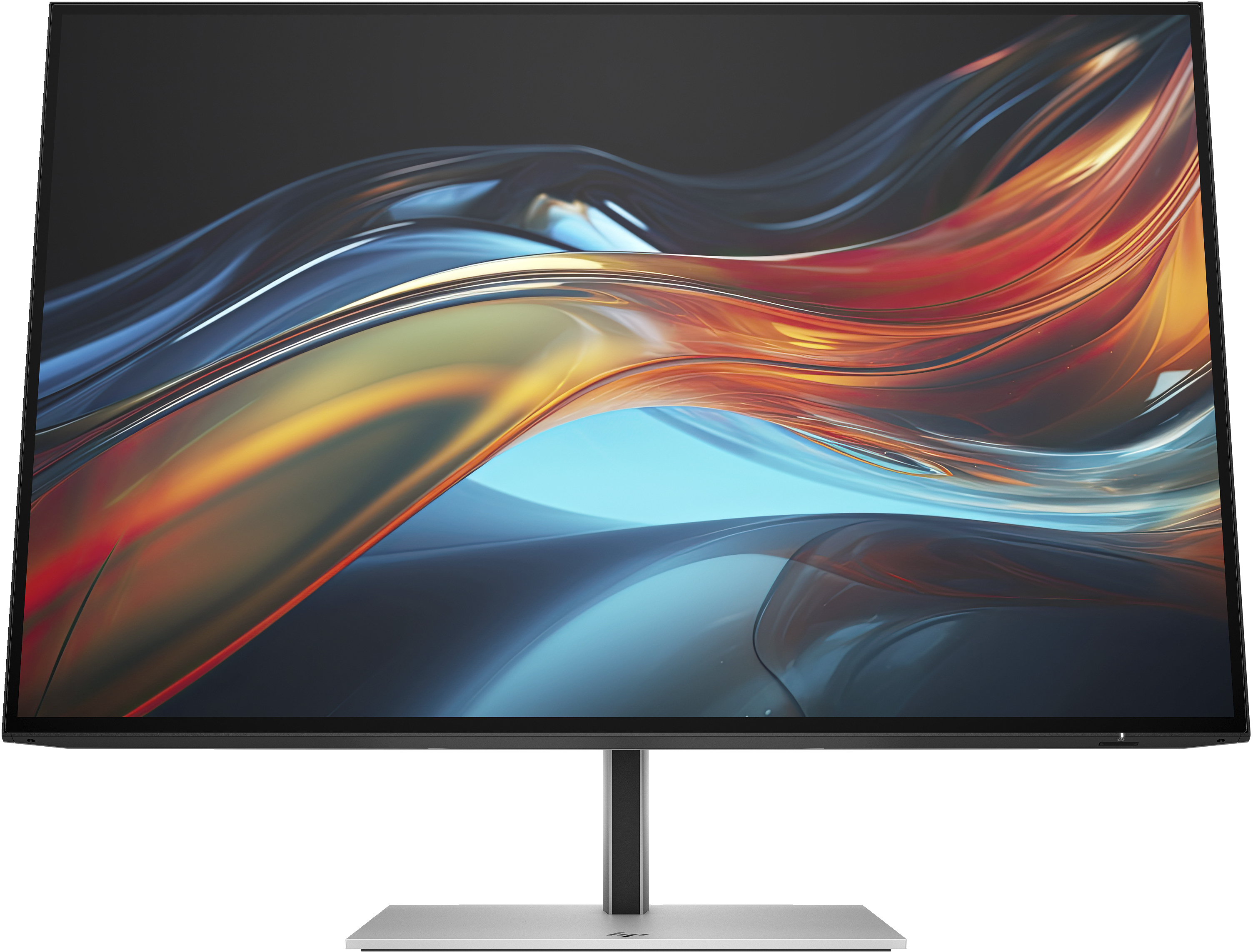 Ein Computermonitor mit einem farbenfrohen abstrakten Hintergrund, unterstützt von einem silbernen Ständer.