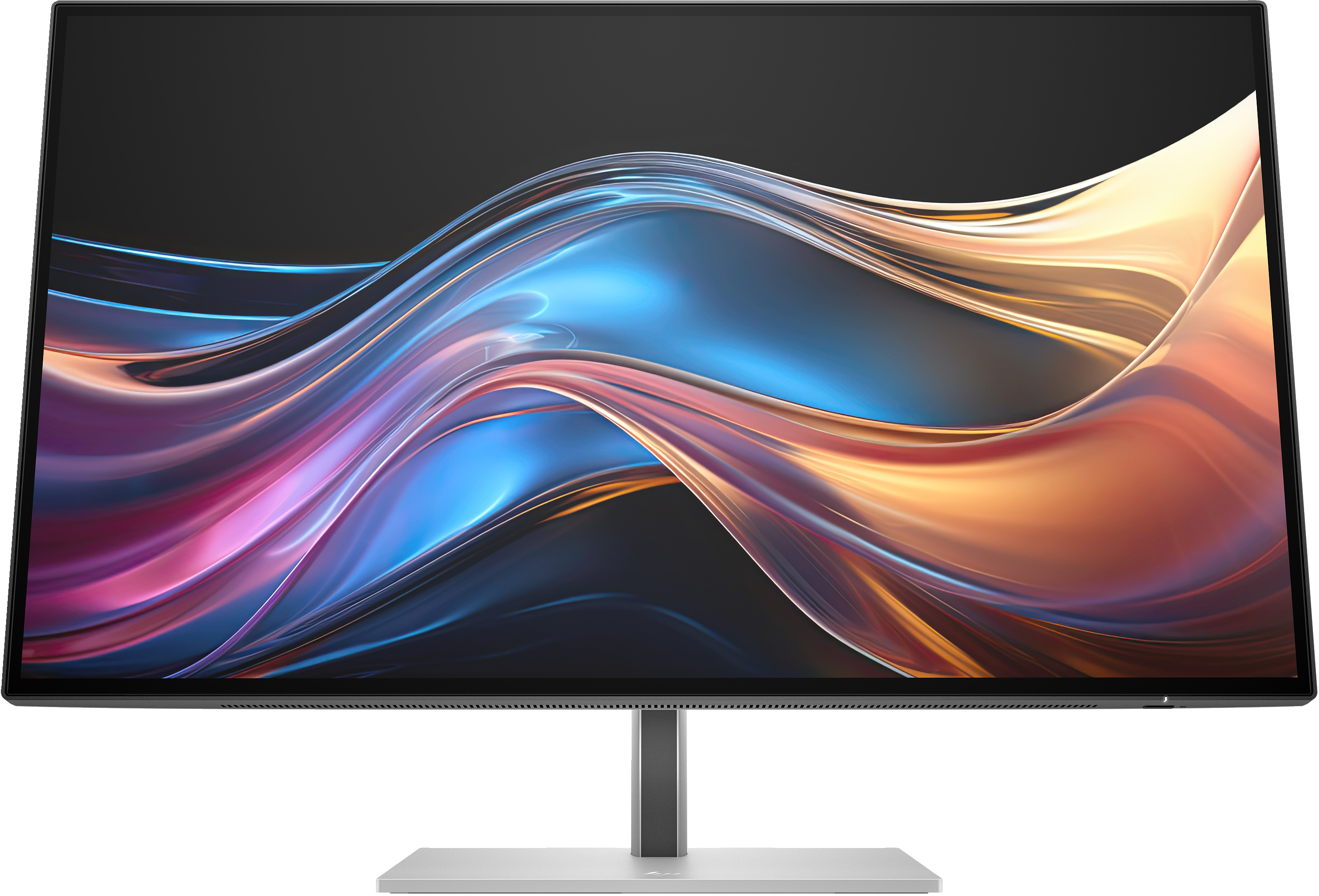 Ein Computermonitor mit schwarzem Rahmen zeigt ein farbenfrohes, abstraktes Design auf einem silbernen Ständer. Der Hintergrund ist dunkel.