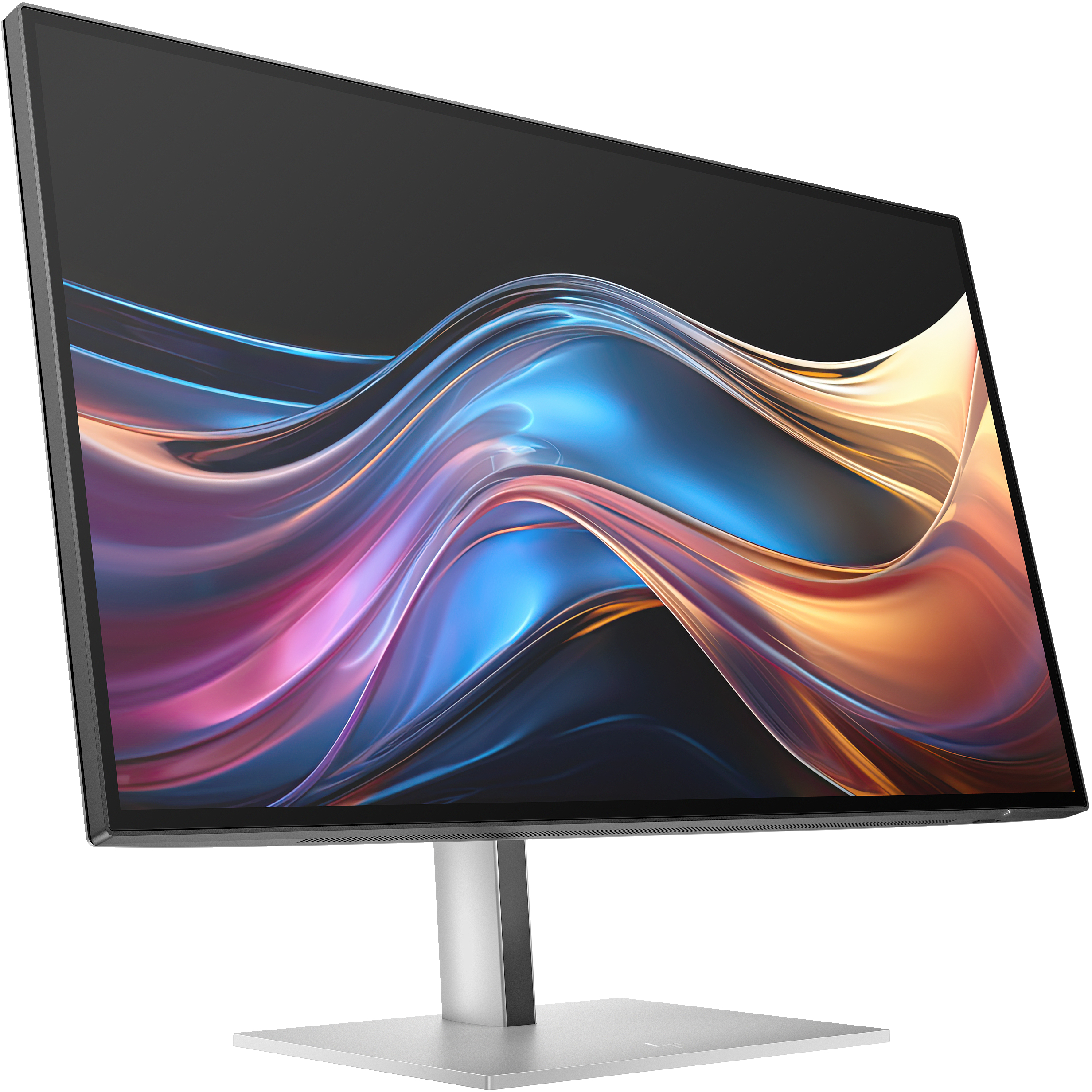 Ein silberner Computermonitor zeigt ein abstraktes, farbenfrohes Design vor schwarzem Hintergrund. Es hat einen silbernen Ständer.