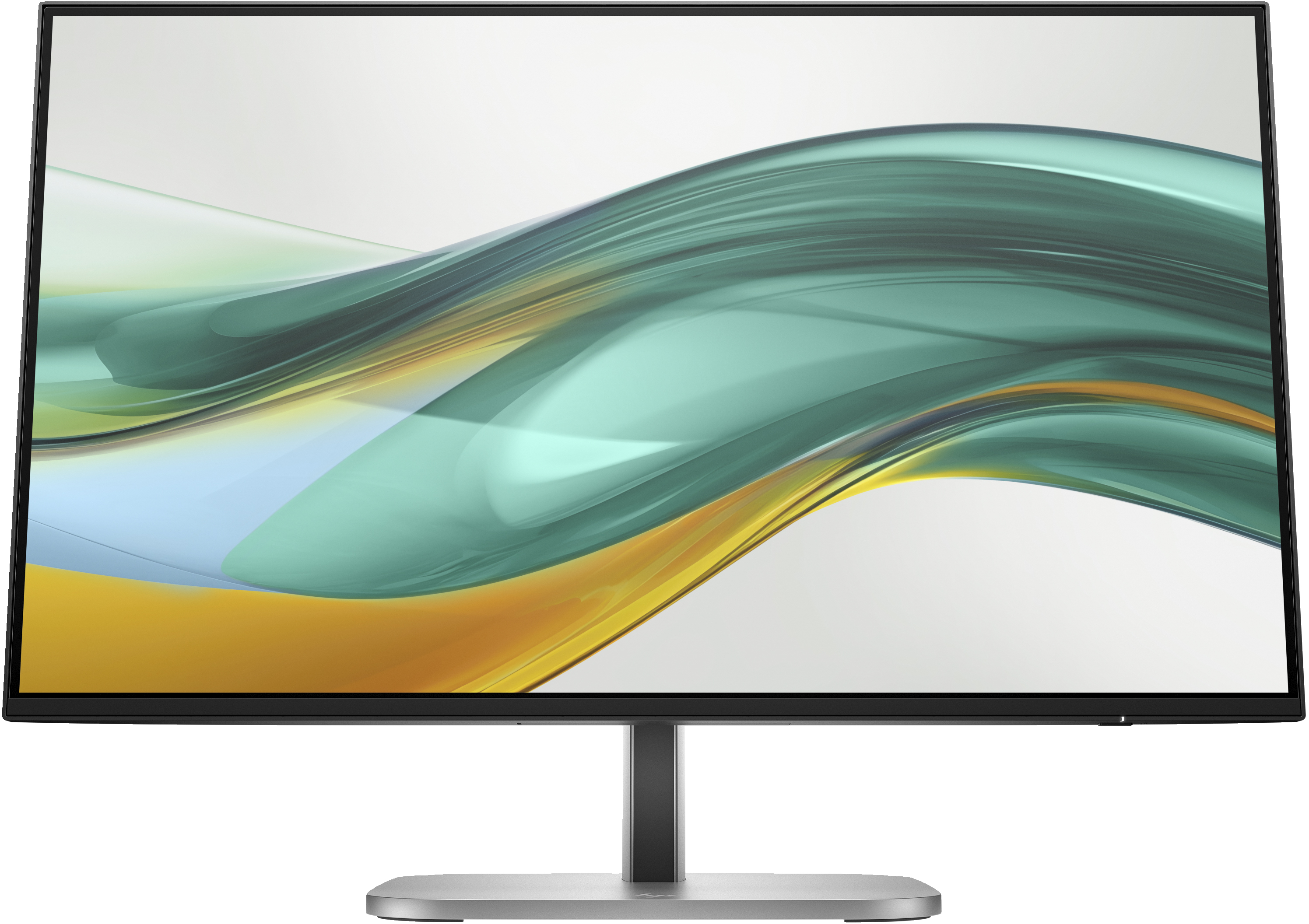Ein Computermonitor mit silbernem Fuß und Ständer. Der Bildschirm zeigt ein wellenförmiges abstraktes Design in Teal, Gold und Weiß.