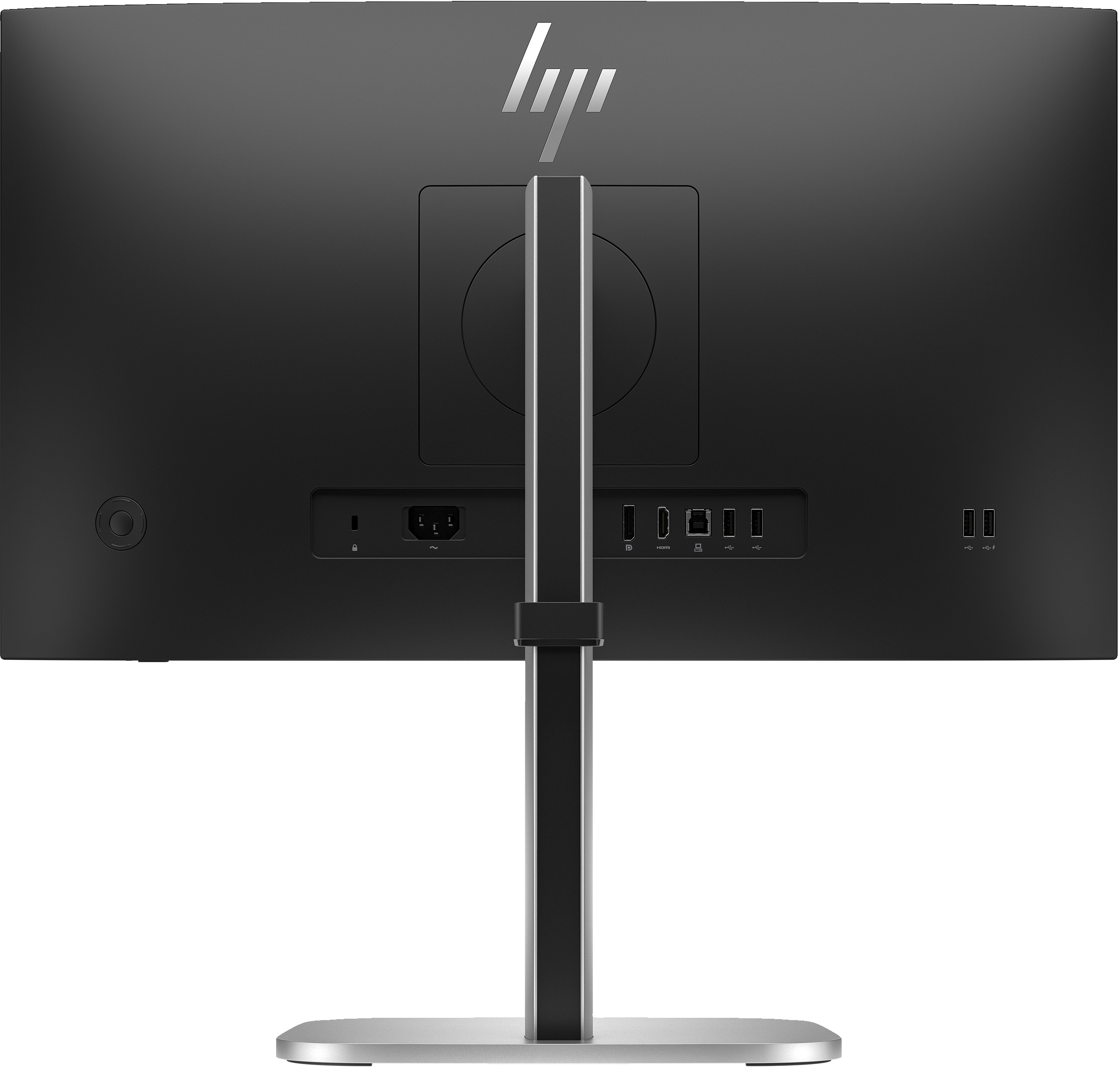 Rückseite des schwarzen HP-Monitors mit Ständer. Anschlüsse für Strom, Display und USB sind sichtbar. HP-Logo oben.
