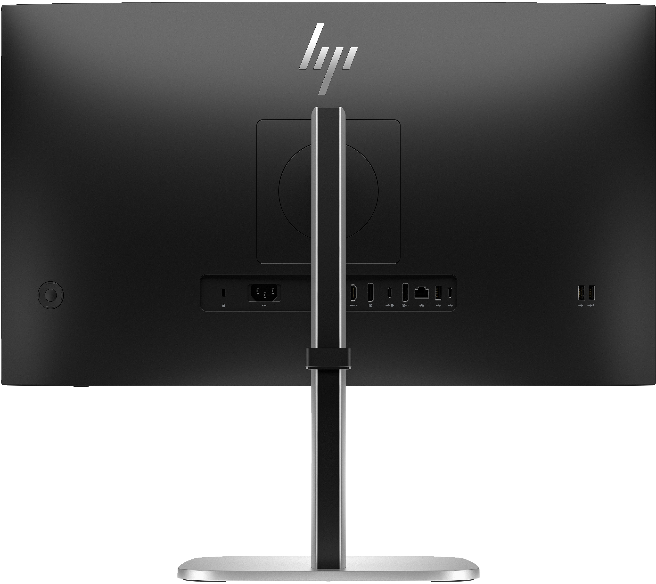 Rückseite eines schwarzen Computermonitors mit silbernem Ständer. HP-Logo oben. Anschlüsse.