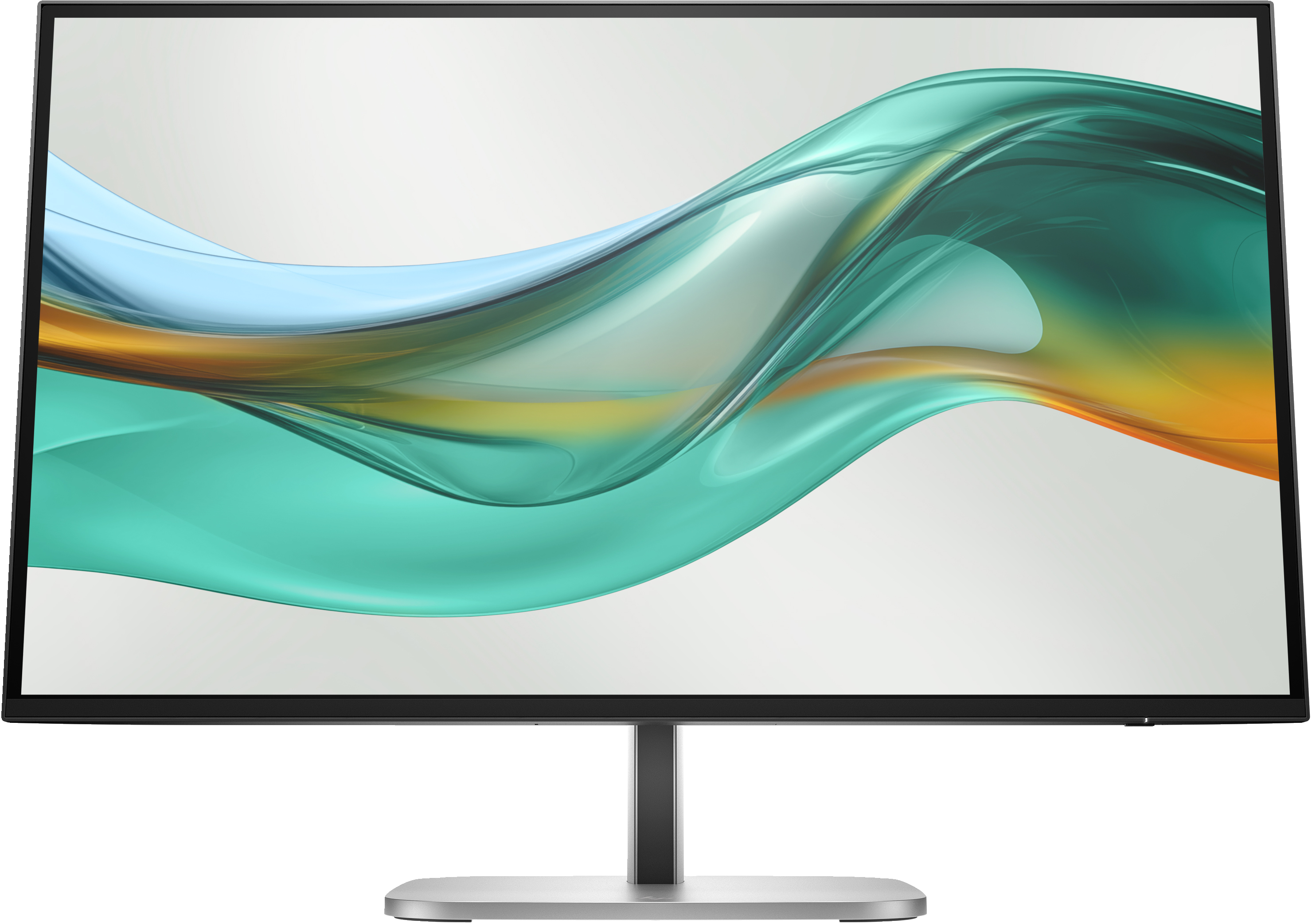 Ein Computermonitor mit einem farbenfrohen, wellenförmigen, abstrakten Design auf dem Bildschirm.