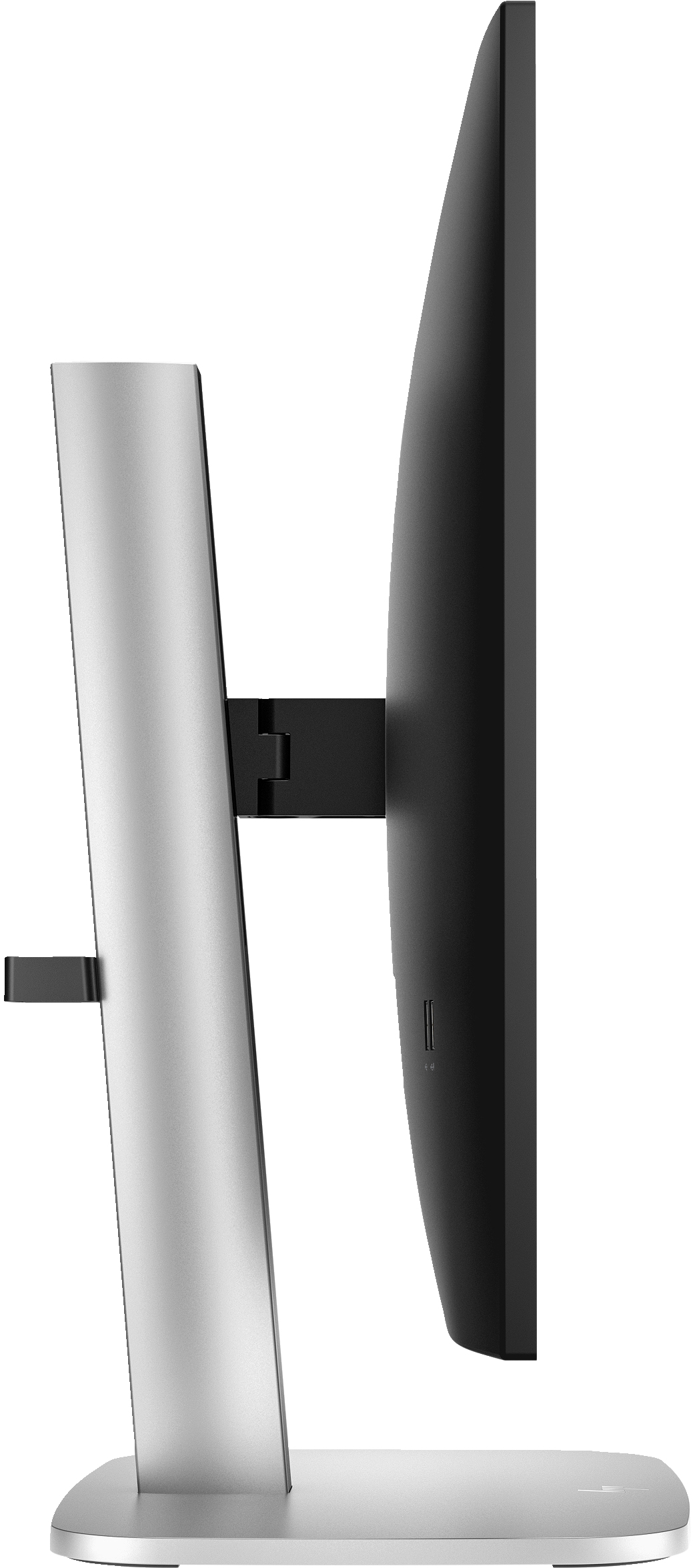 Seitenansicht eines Computermonitors. Der Monitor hat einen schwarzen Bildschirm und einen silbernen Ständer. Der Hintergrund ist weiß.