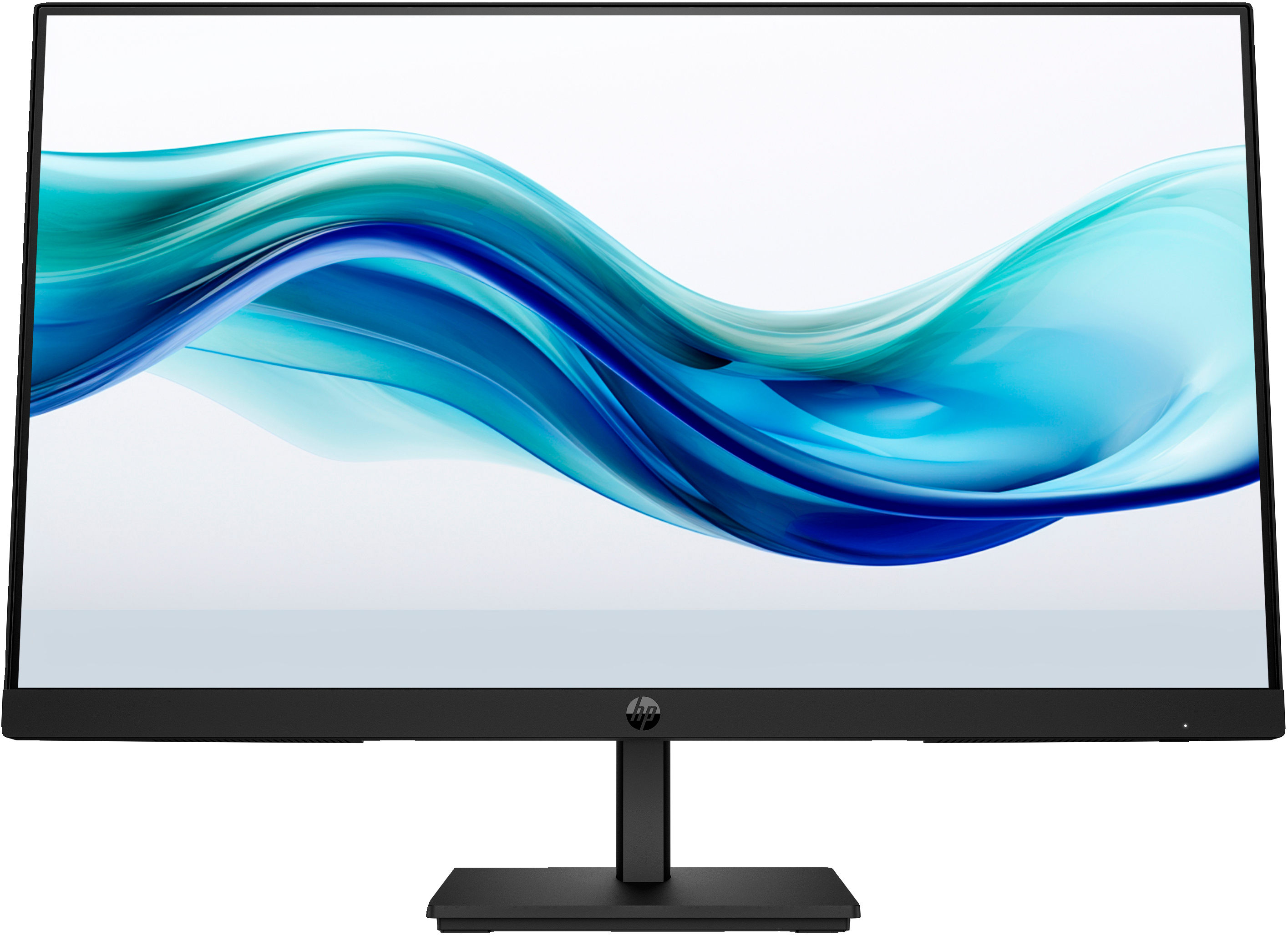 Ein schwarzer HP-Monitor zeigt abstrakte blaue und weiße Wellen. Der Monitor hat einen schwarzen Standfuß und ein kleines Licht.