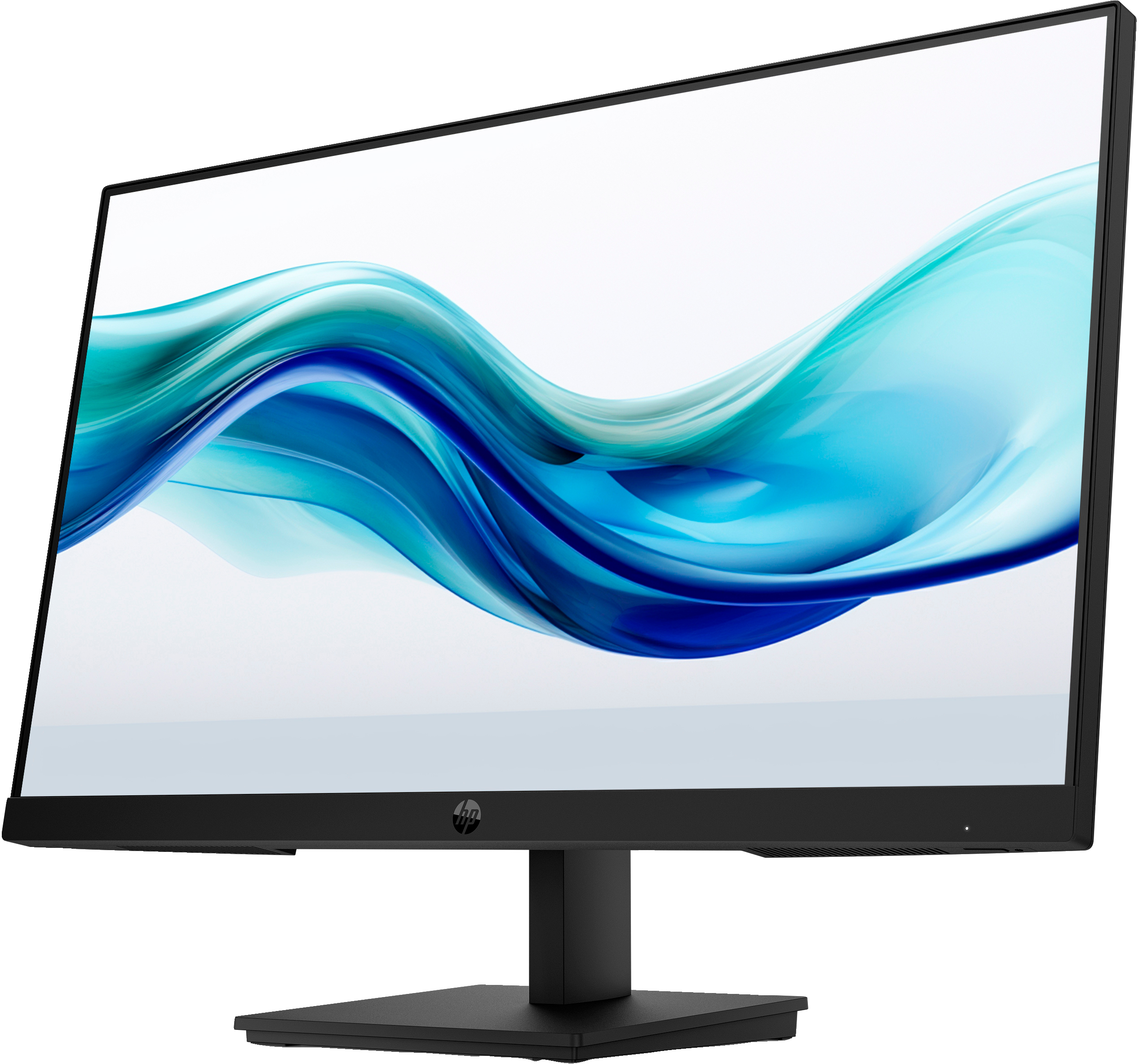 Ein schwarzer HP-Monitor zeigt ein blau-weißes abstraktes Design. Der Monitor steht auf einem schwarzen Ständer.