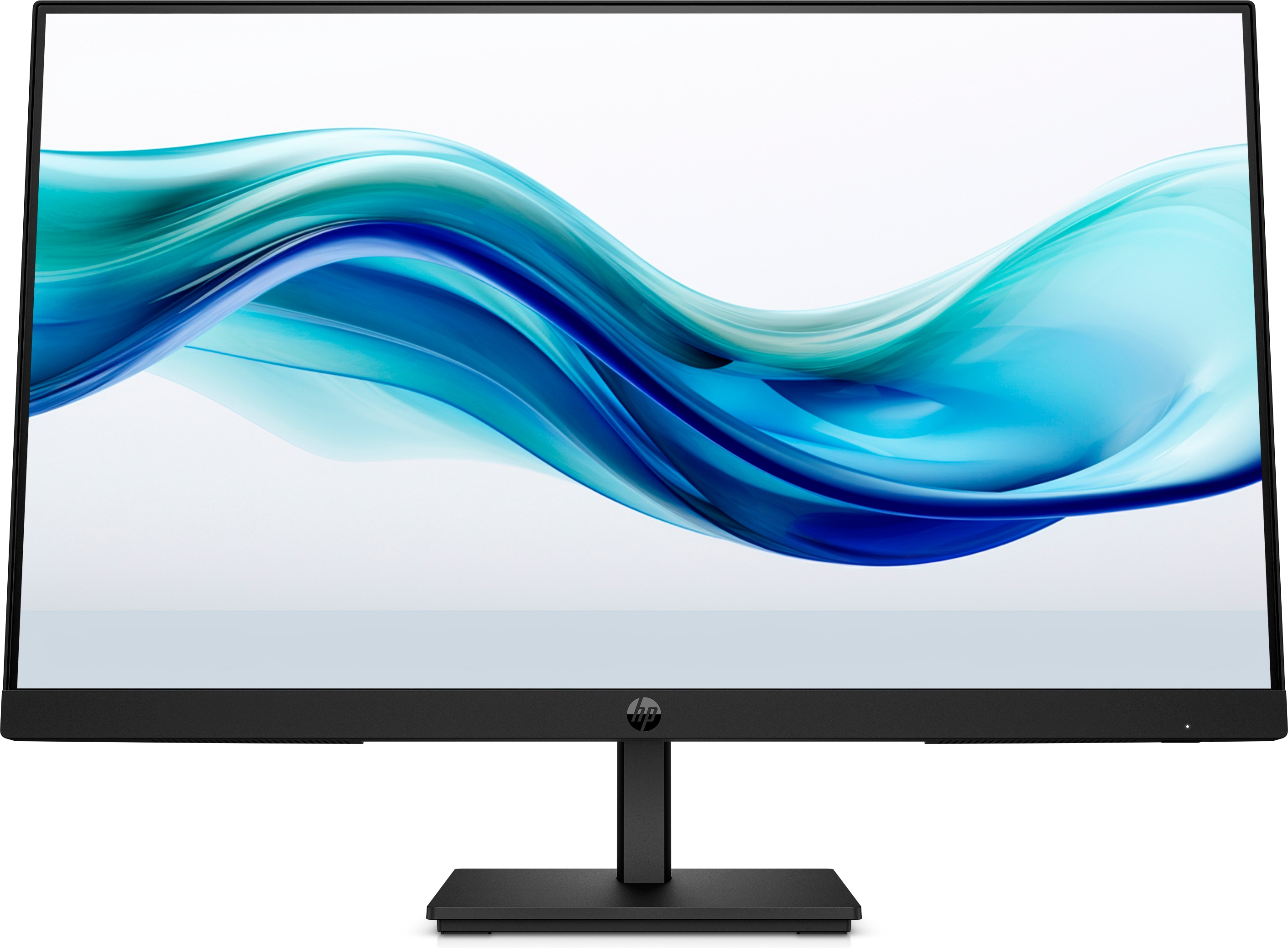 Ein schwarzer HP-Monitor zeigt ein wellenförmiges blau-weißes Design. Der Monitor steht auf einem schwarzen Ständer.