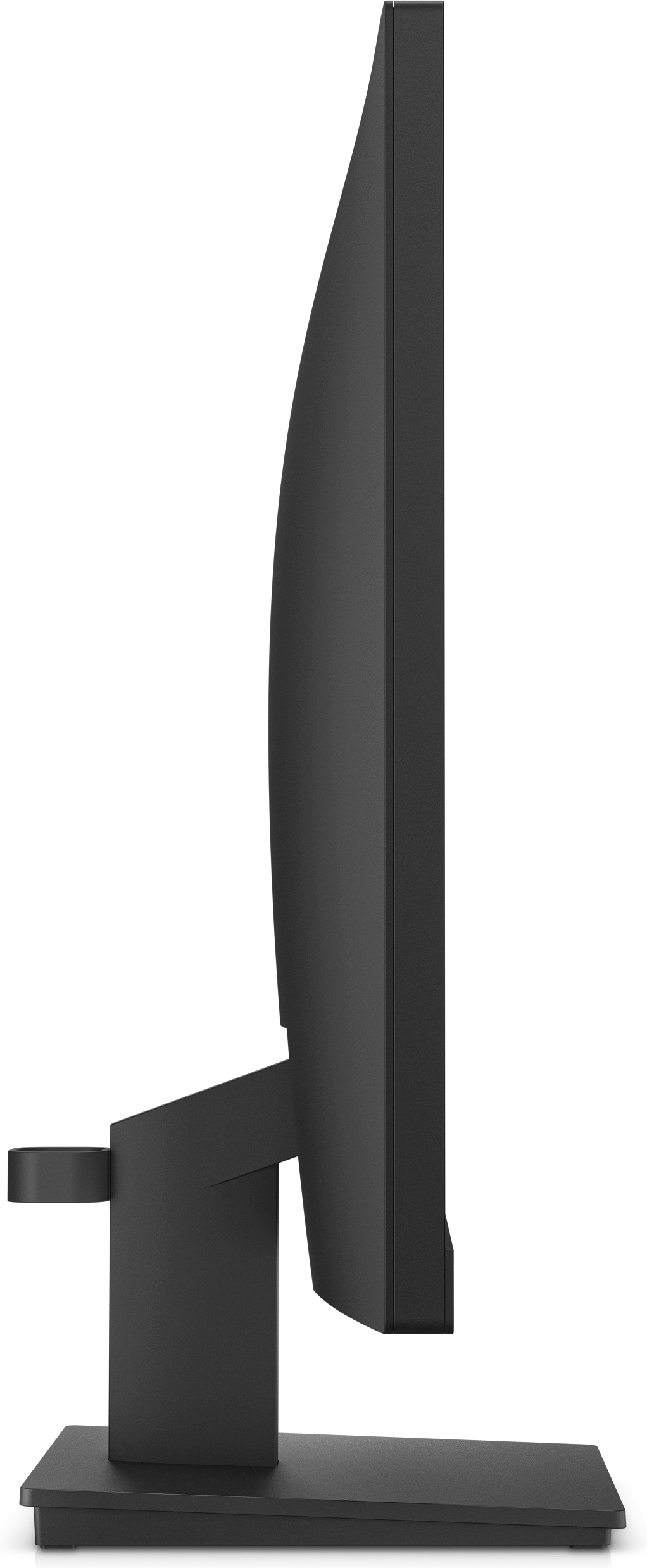 Seitenansicht eines schwarzen Computermonitors. Er hat einen rechteckigen Bildschirm, einen Ständer und einen Sockel. Weißer Hintergrund.