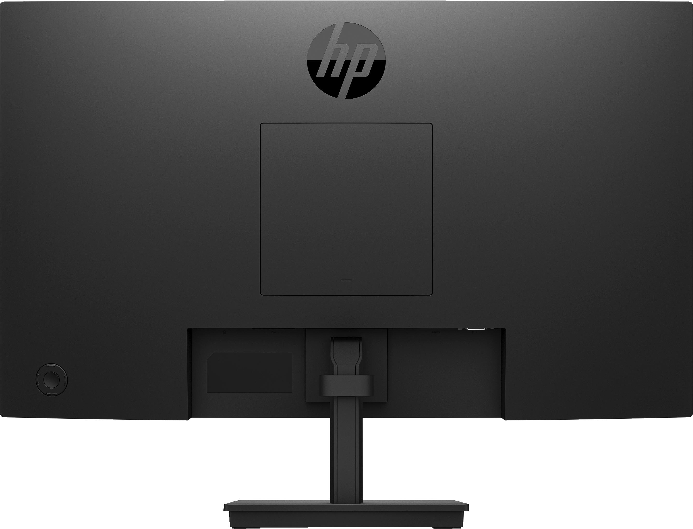 Rückseite des schwarzen HP-Monitors. HP-Logo oben. Ständer und Anschlüsse sind sichtbar.