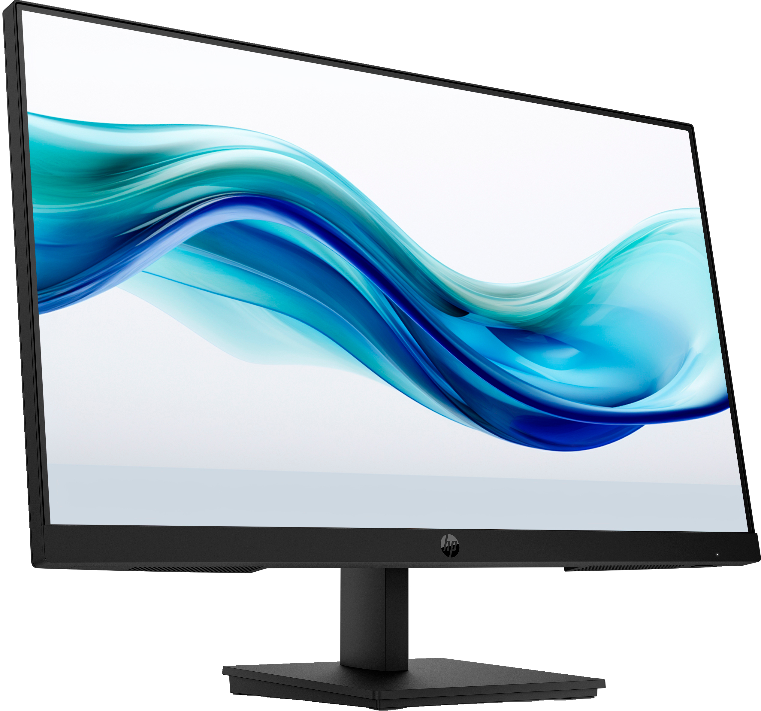 Ein schwarzer HP-Monitor zeigt ein abstraktes blau-weißes Design. Der Monitor hat einen schwarzen Rahmen und einen Ständer auf weißem Hintergrund.