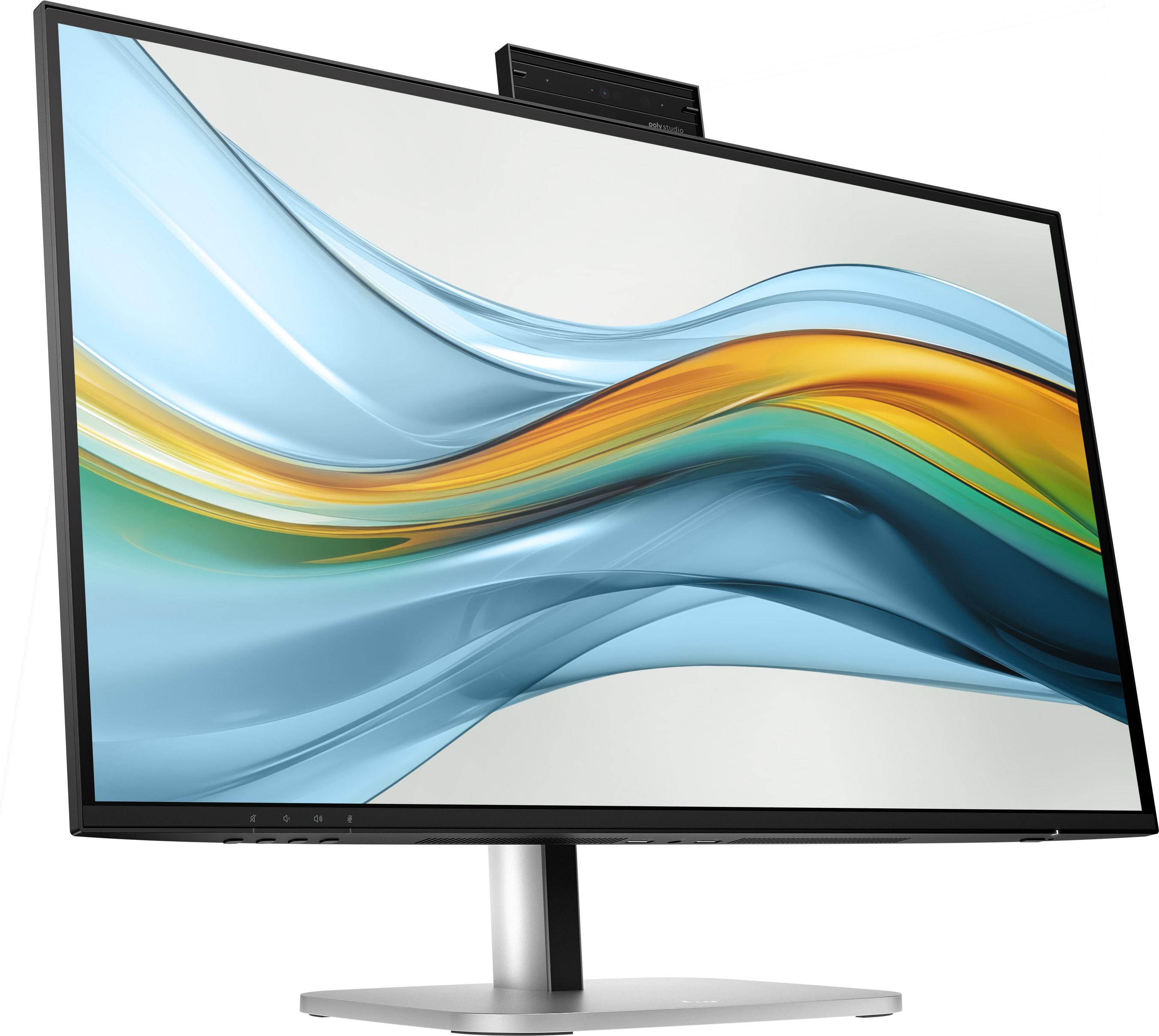 Monitor mit abstraktem blau-gelben Design auf dem Bildschirm. Kamera oben. Silberner Ständer. Schwarzer Rahmen.