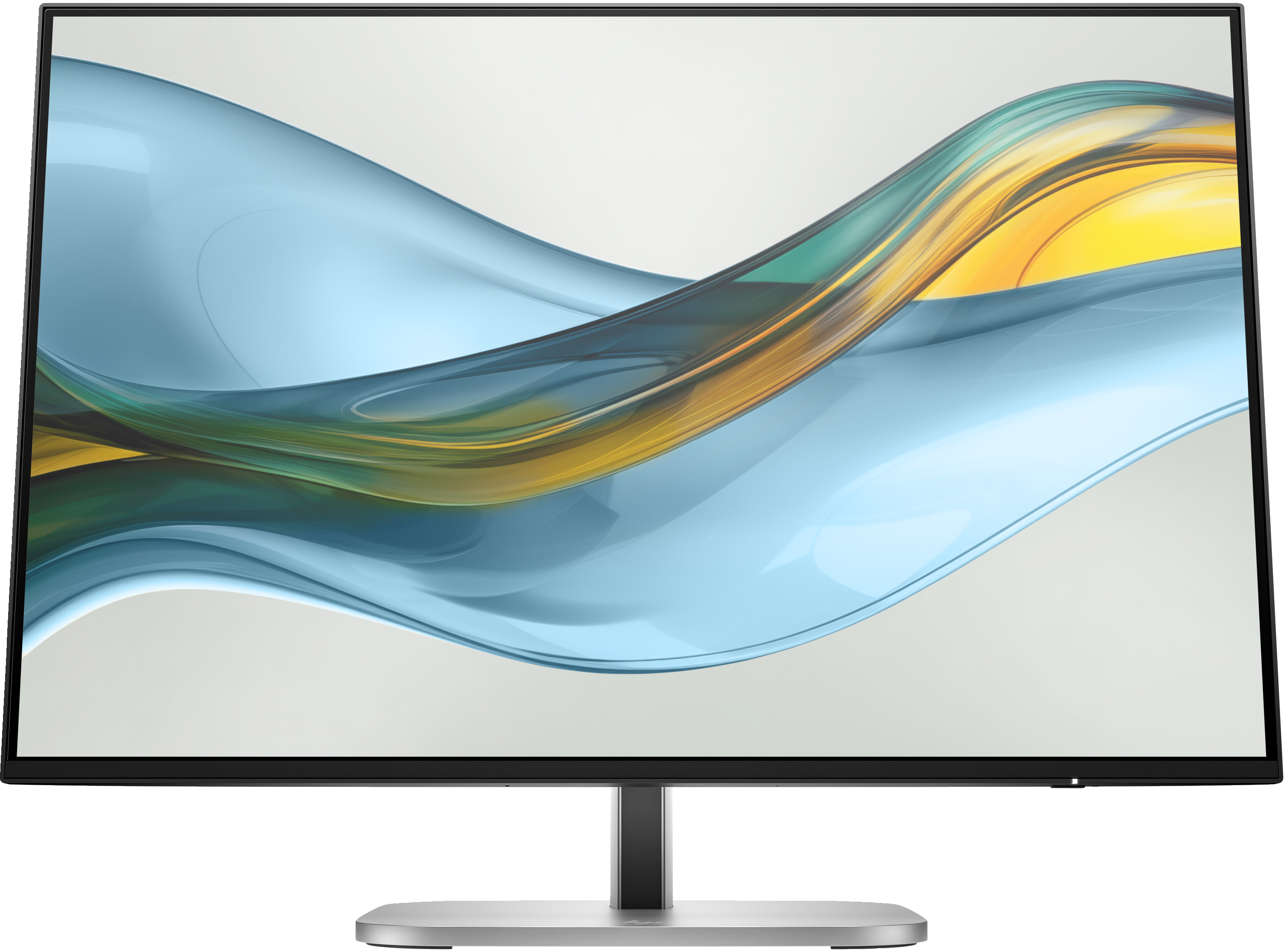 Ein Computermonitor zeigt abstrakte blaue, grüne und gelbe wellenförmige Formen auf hellgrauem Hintergrund.