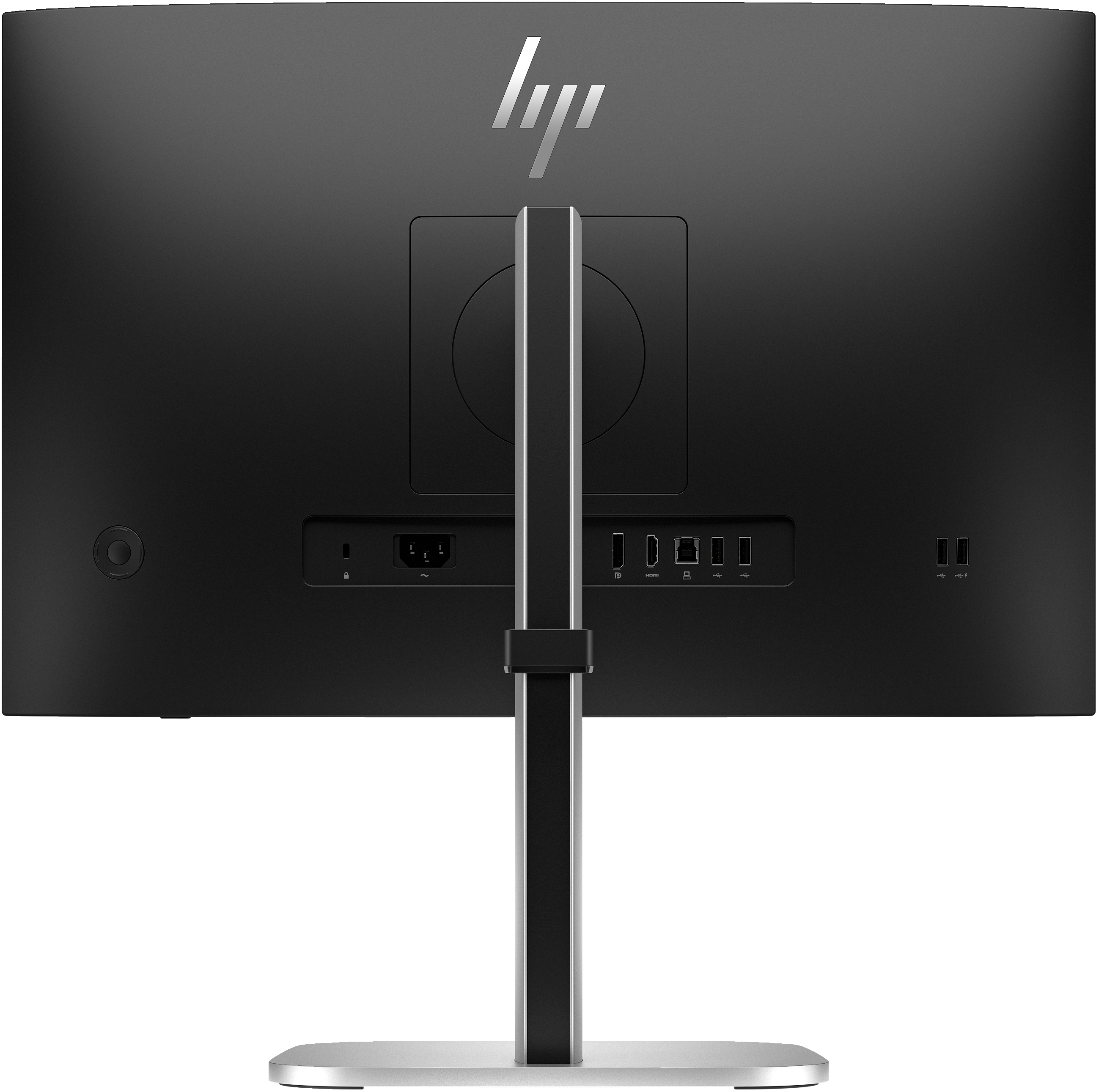 Rückansicht eines schwarzen Monitors mit silbernem Ständer. HP-Logo oben. Verschiedene Anschlüsse und Stromeingang sichtbar.