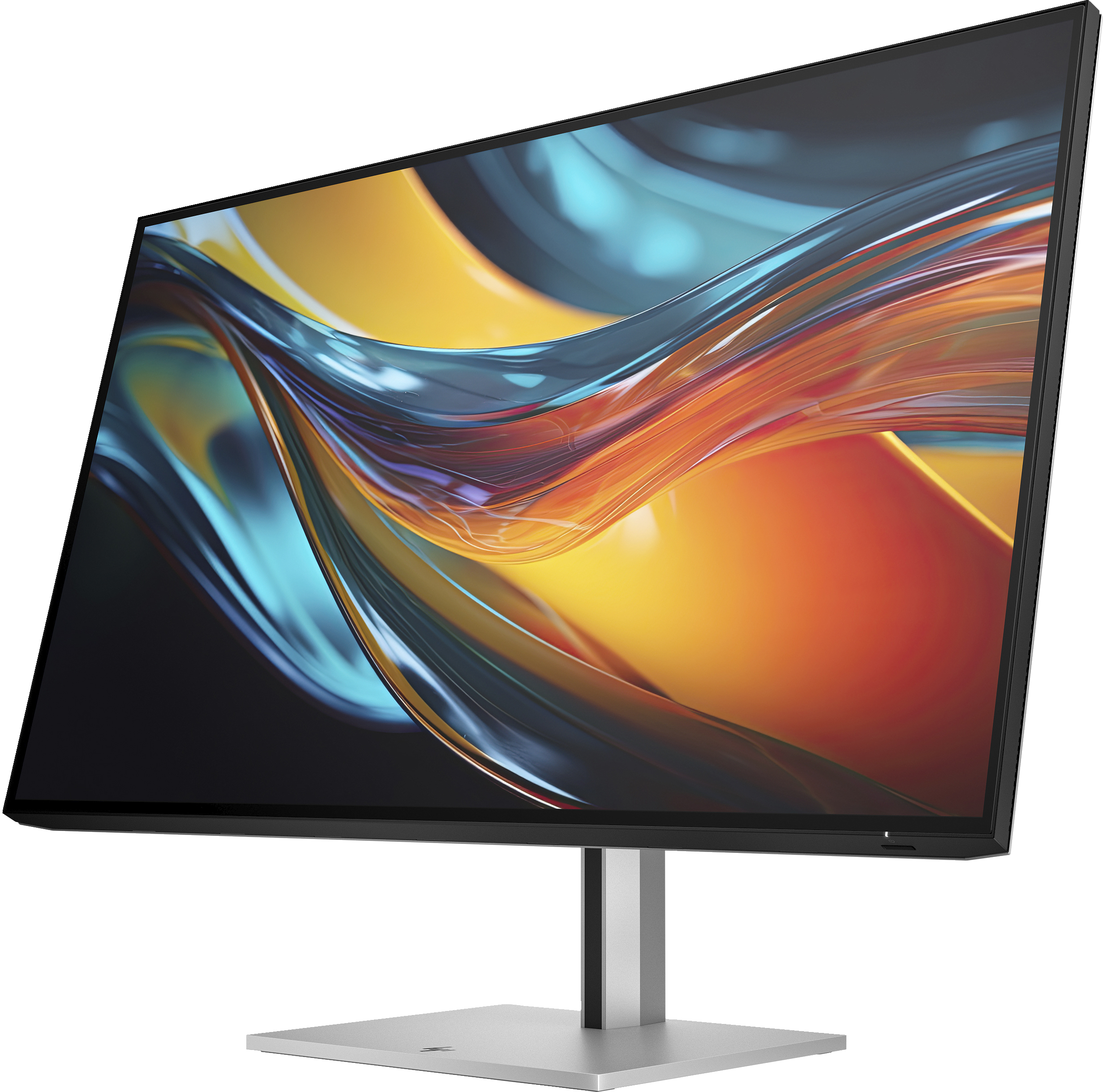 Ein Computermonitor mit schwarzem Rahmen, silbernem Ständer und einem Bildschirm mit abstrakten, bunten Formen.