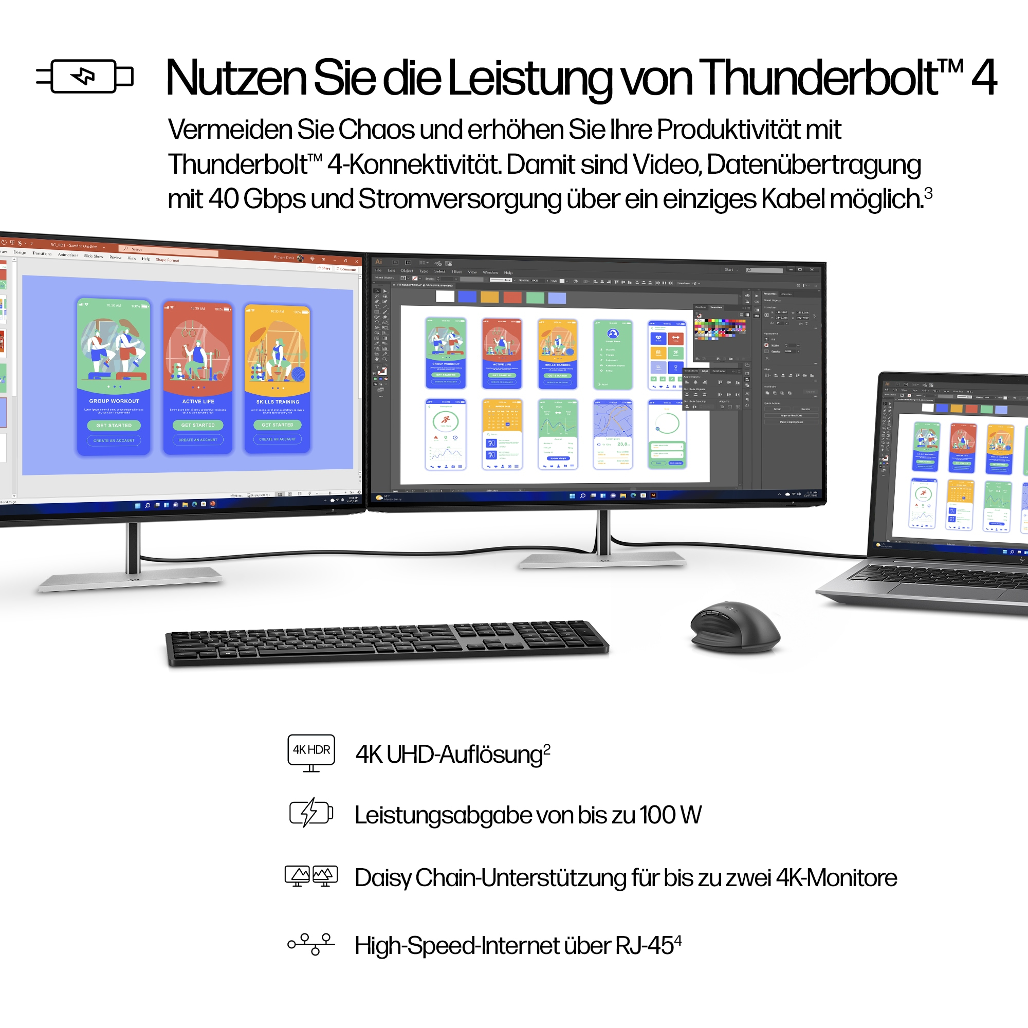 Zwei Monitore und ein Laptop zeigen App-Oberflächen. Tastatur und Maus davor. Thunderbolt 4 Text oben.