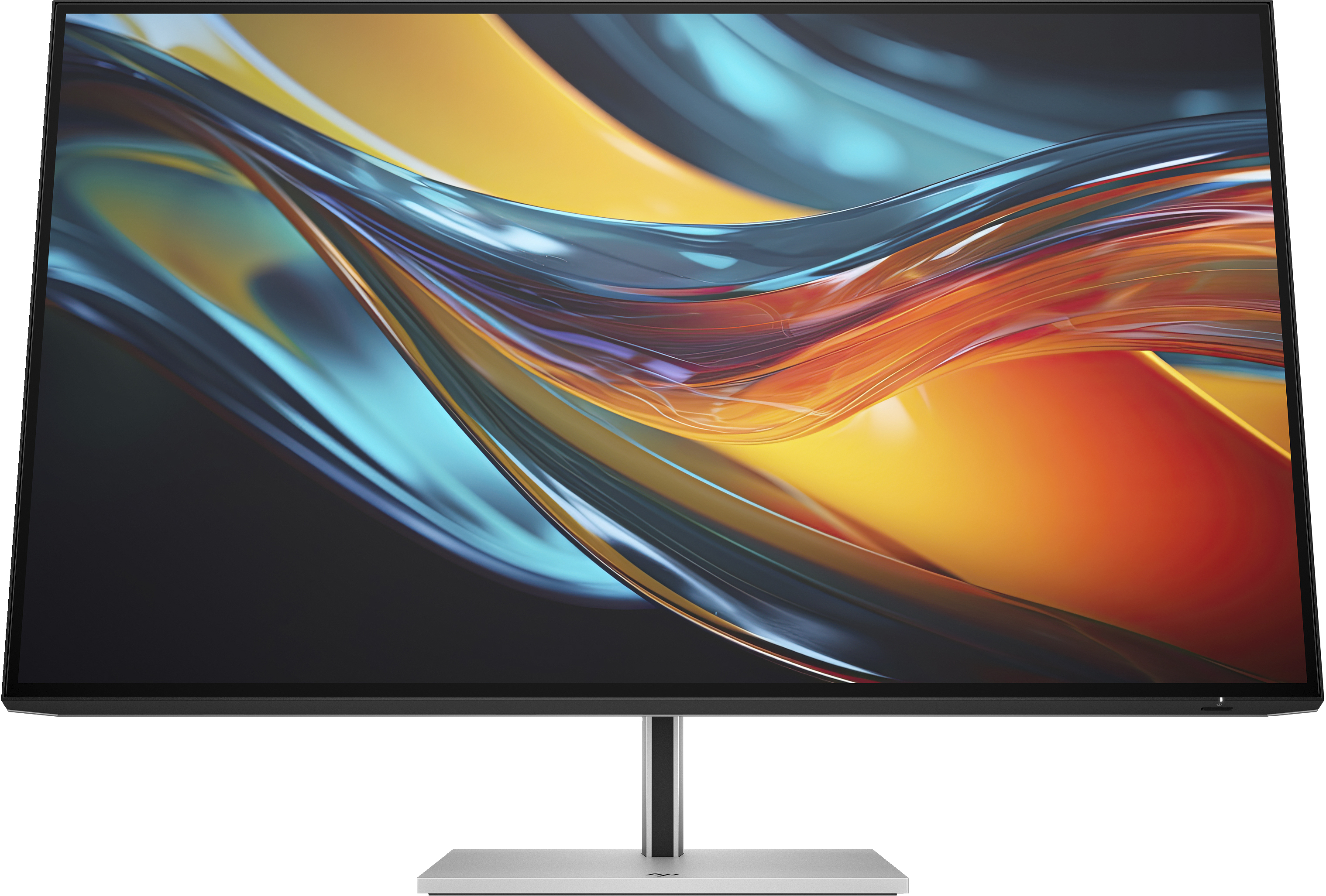 Ein moderner Computermonitor mit einem farbenfrohen abstrakten Design. Es hat einen schwarzen Rahmen und einen silbernen Ständer.