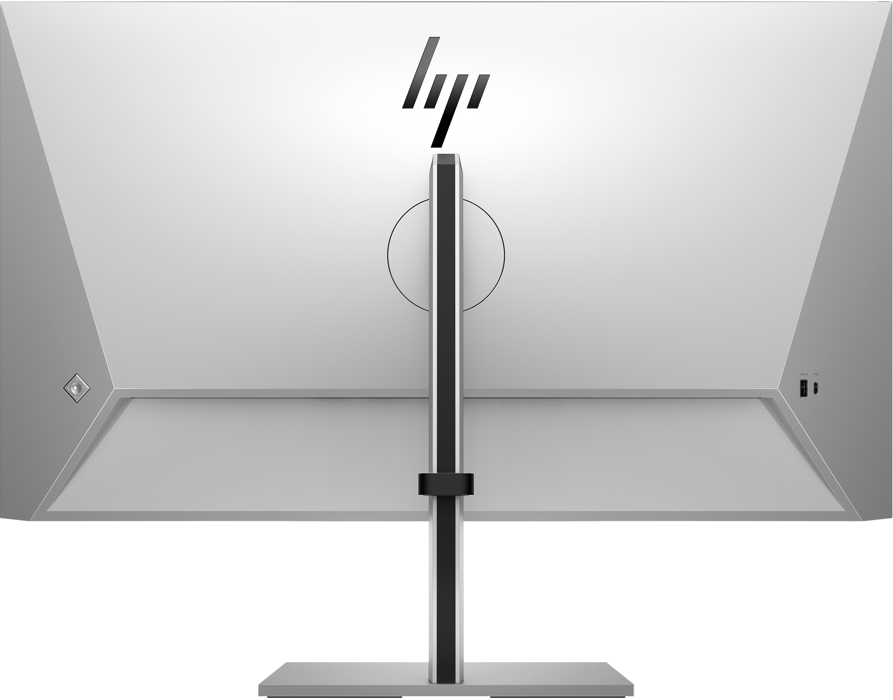 Rückansicht eines silbernen HP-Monitors. Der Standfuß ist schwarz und silber. Das HP-Logo befindet sich oben.