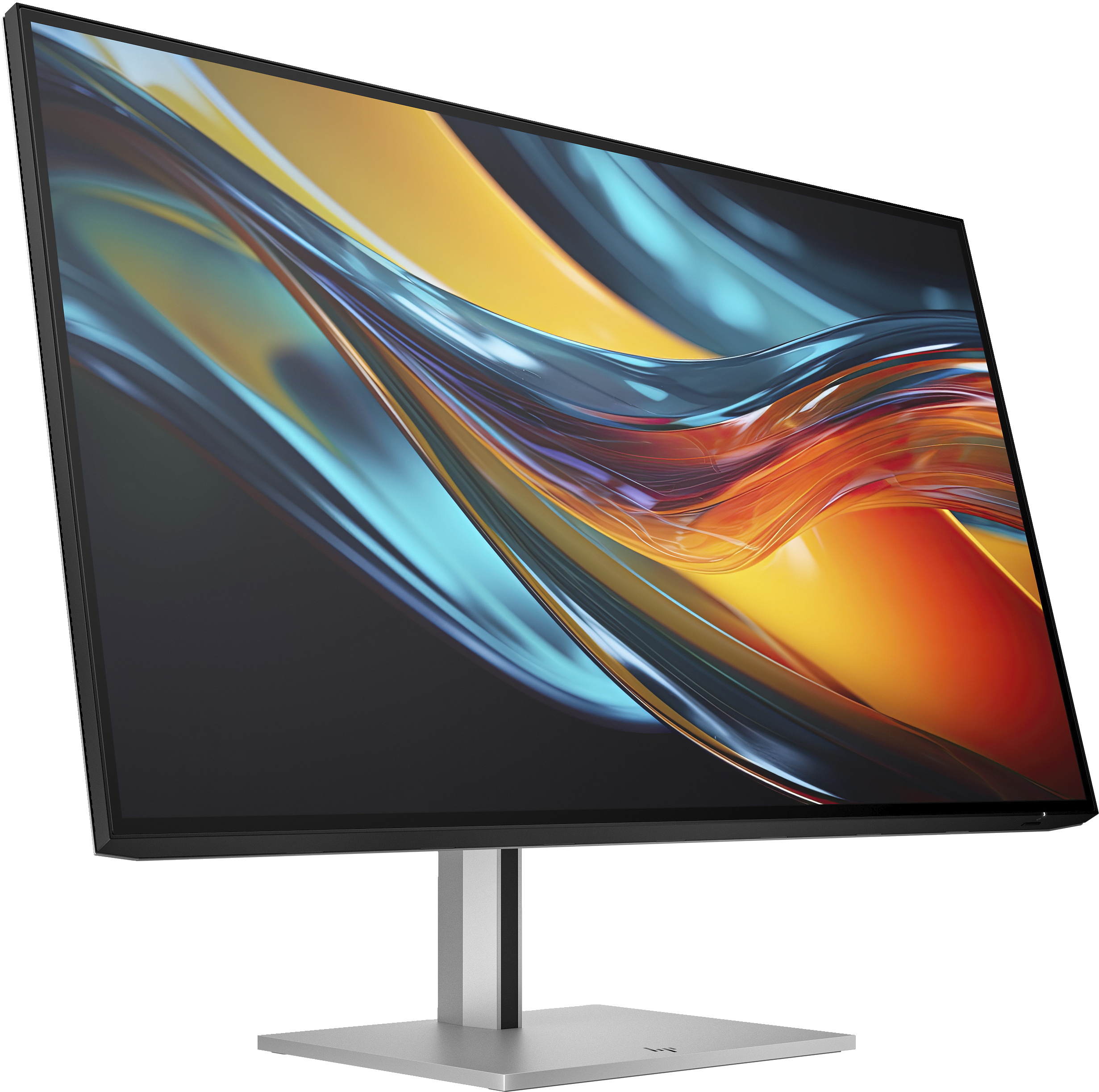 Ein moderner Computermonitor mit farbenfroher, abstrakter Anzeige. Er ist silberfarben mit schwarzem Rahmen und Ständer.