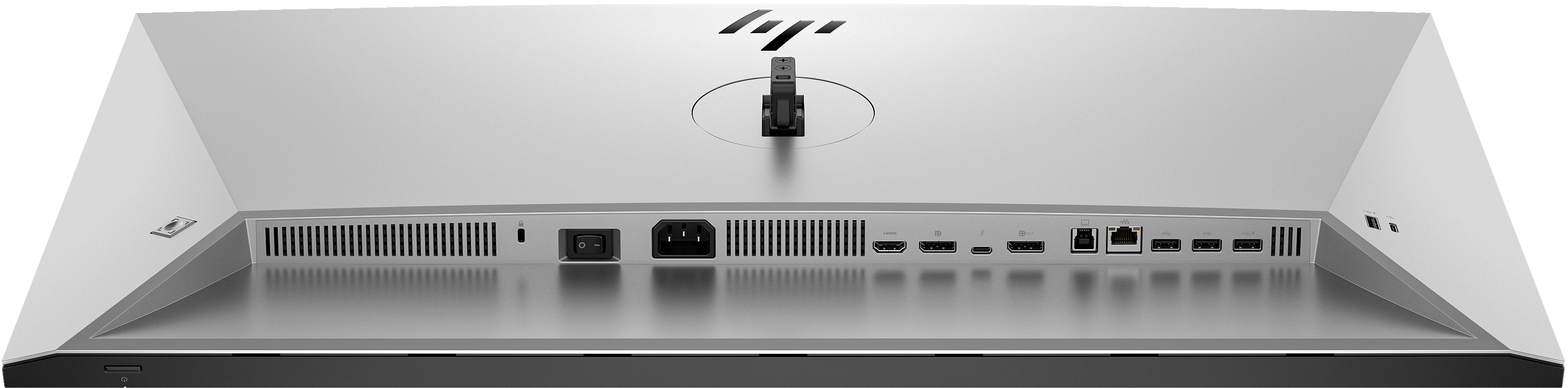 Rückansicht eines silbernen Computermonitors. Anschlüsse und ein Netzschalter sind auf der Rückseite sichtbar. Das HP-Logo befindet sich oben.