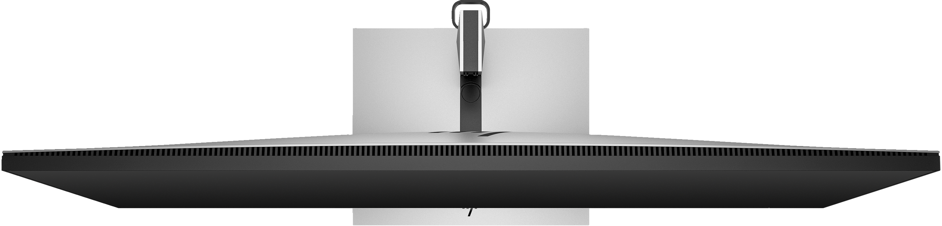 Draufsicht auf einen schwarzen und silbernen Computermonitor mit Ständer. Der Monitor hat einen dünnen Rahmen und Lüftungsschlitze.