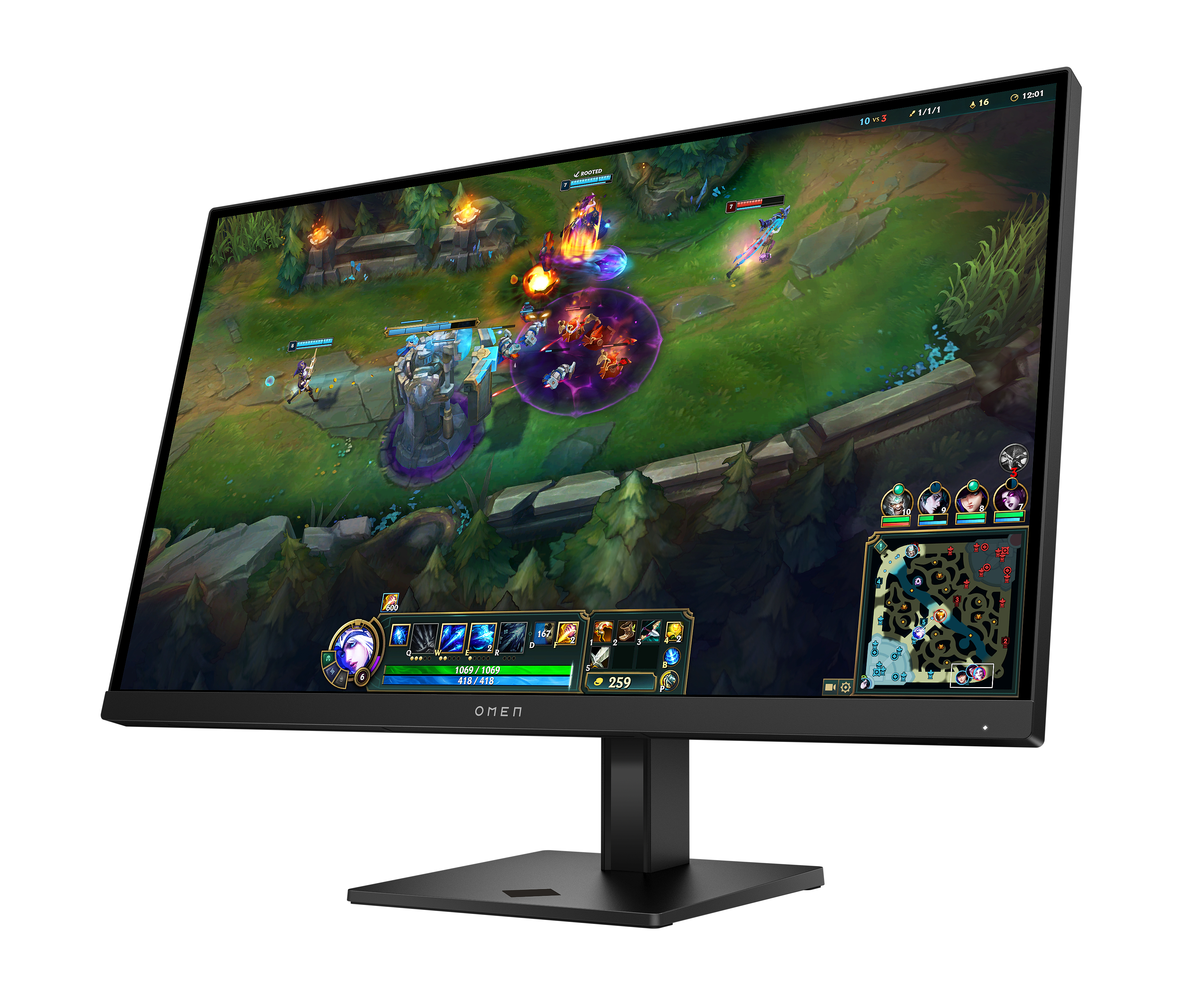 Ein schwarzer OMEN-Monitor zeigt ein League of Legends-Spiel. Das Spiel zeigt Charaktere in einer Kampfszene.