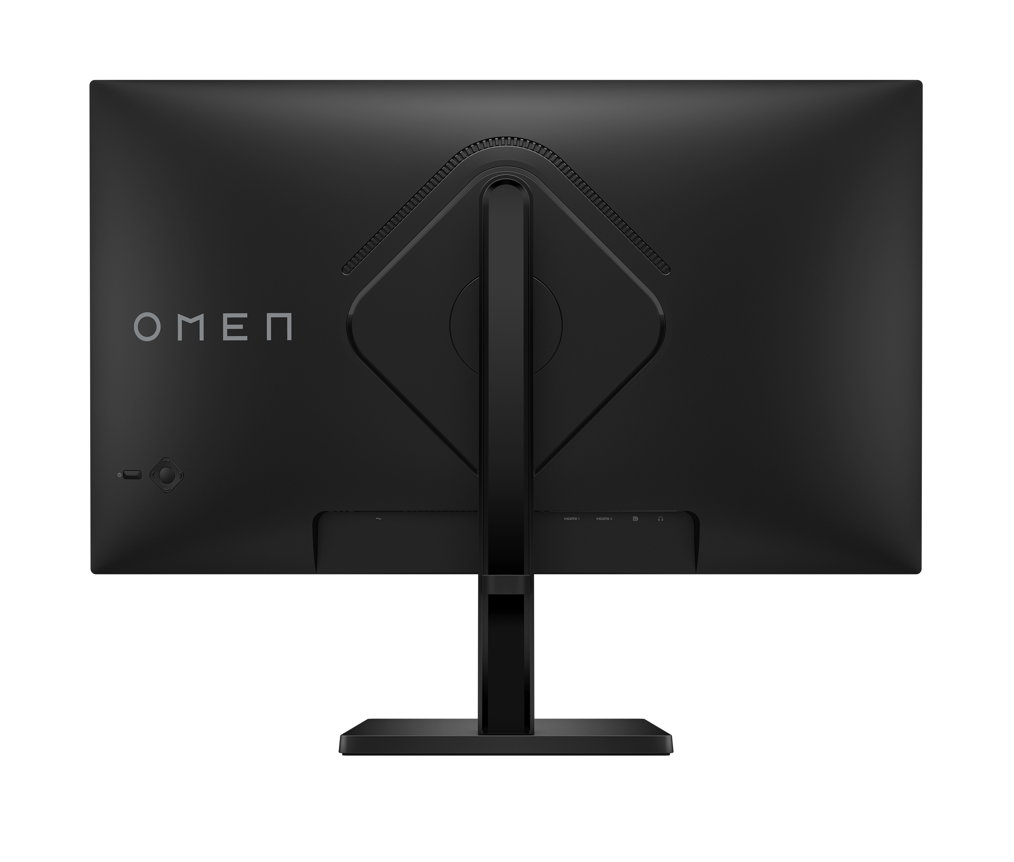 Rückseite eines schwarzen OMEN-Monitors. Er hat einen Ständer, Anschlüsse und das OMEN-Logo.