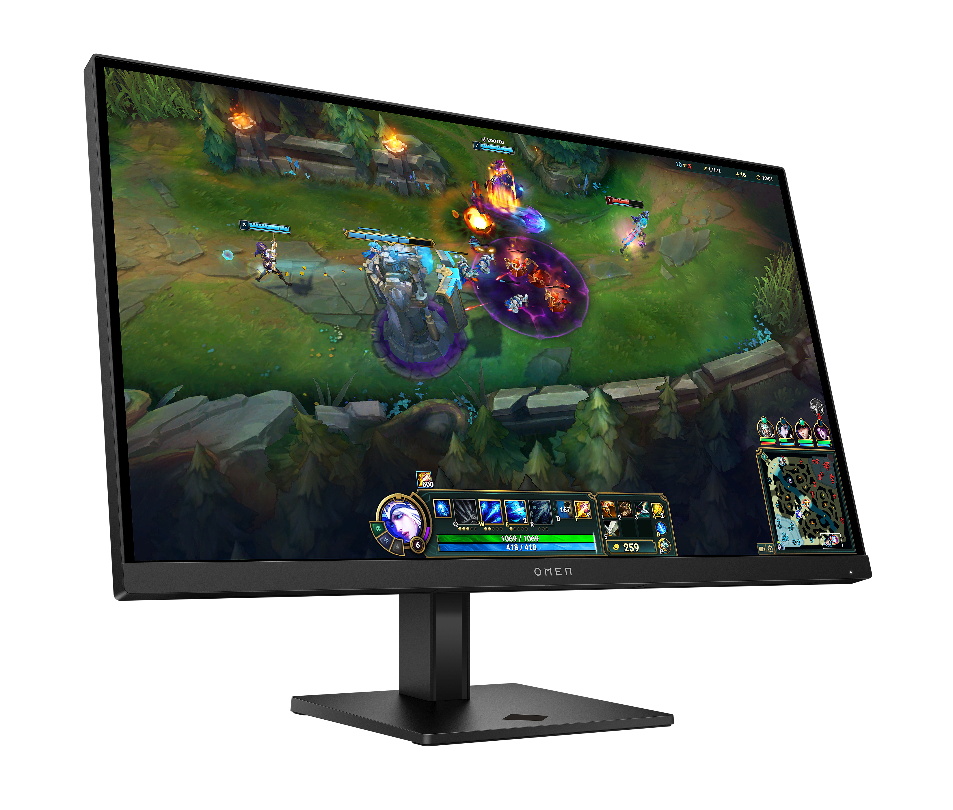 Ein schwarzer OMEN-Monitor zeigt ein League of Legends-Spiel. Der Bildschirm zeigt Kämpfe, eine Minikarte und Spielstatistiken.