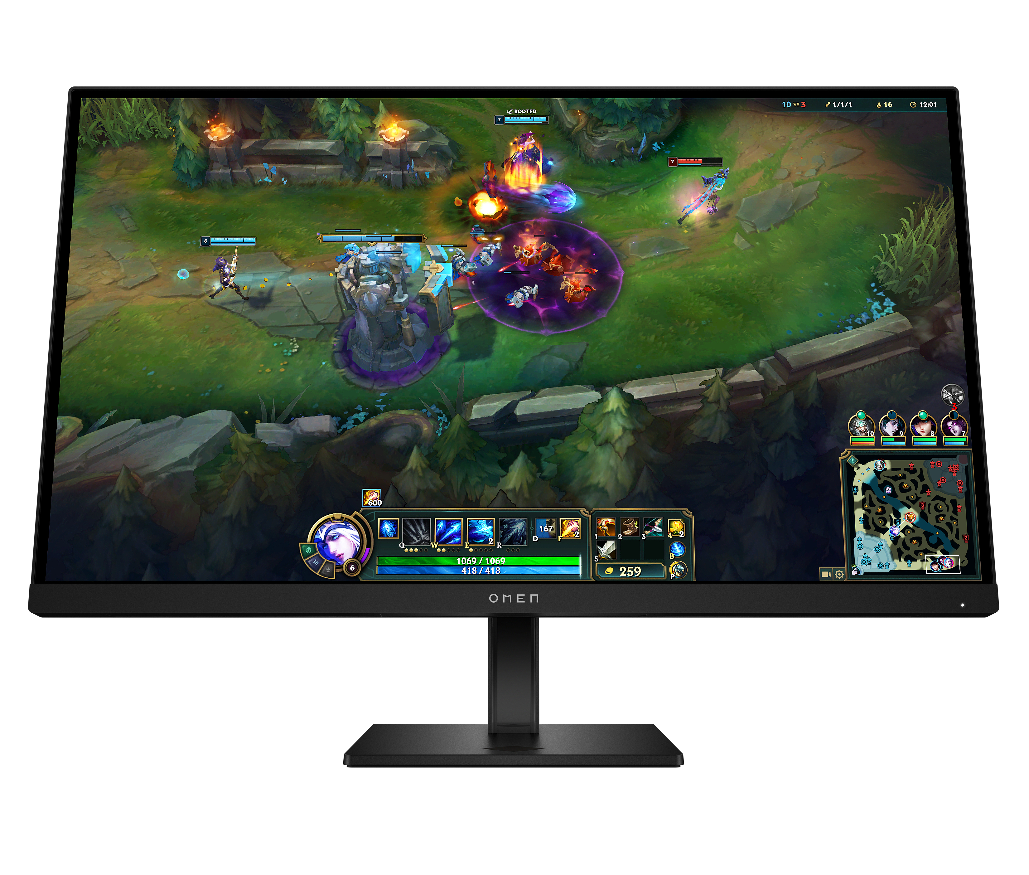 Ein schwarzer Omen-Monitor zeigt ein League of Legends-Spiel. Charaktere kämpfen in einer Waldumgebung. Spiel-UI sichtbar.