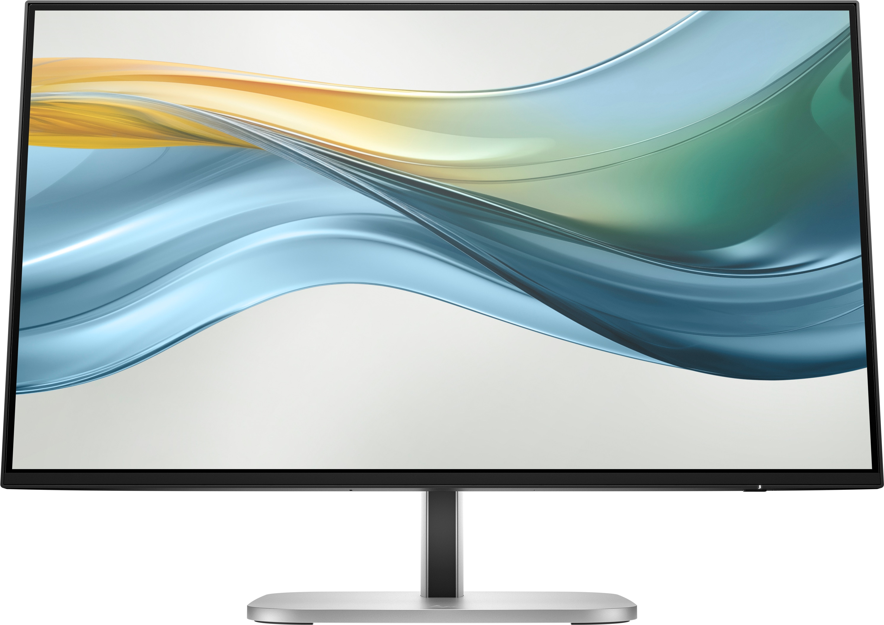 Ein Computermonitor mit schwarzem Rahmen. Der Bildschirm zeigt ein farbenfrohes, wellenförmiges Design.