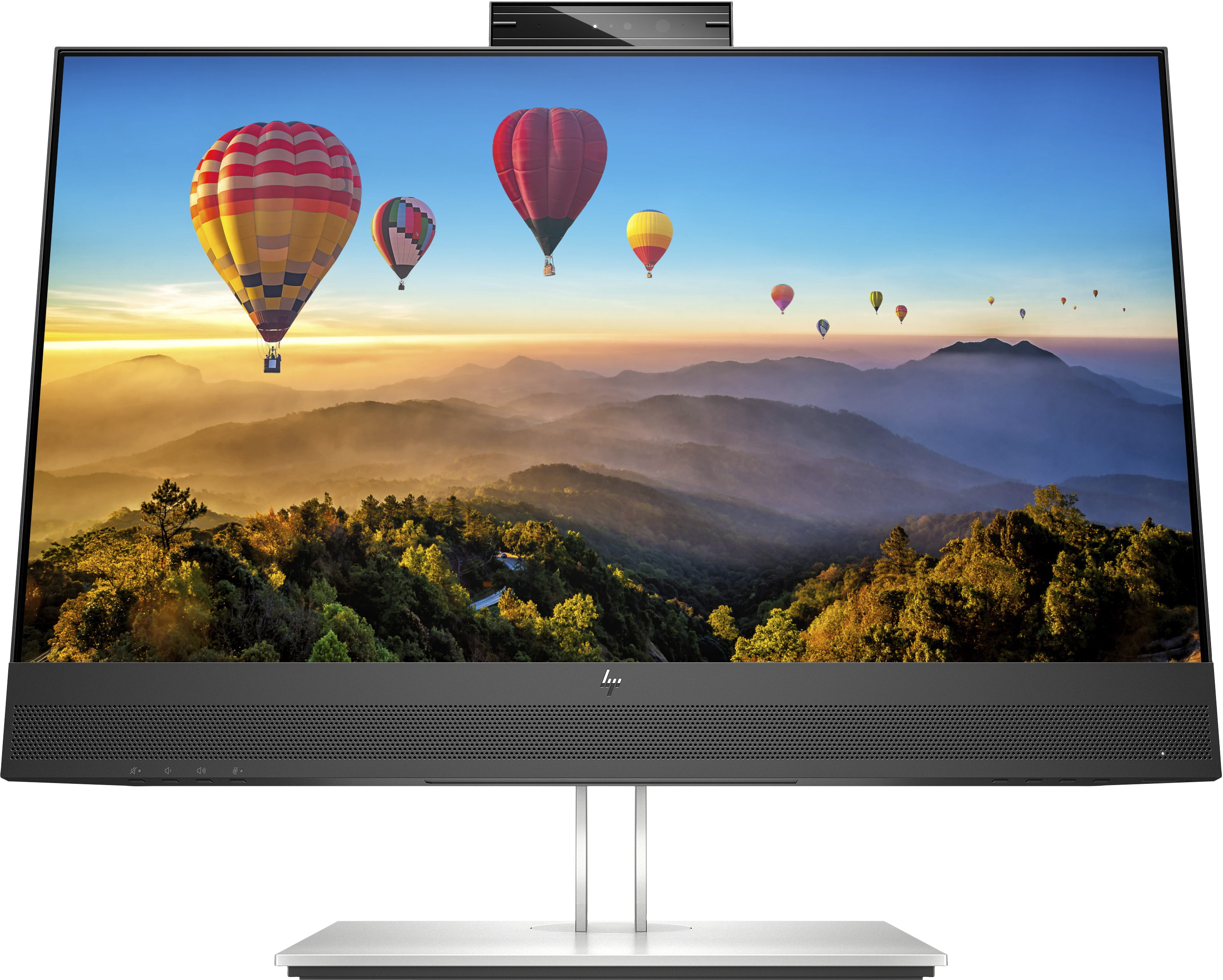 Ein HP-All-in-One-Computer zeigt eine Landschaft mit Heißluftballons über einer Bergkette und dem Himmel.