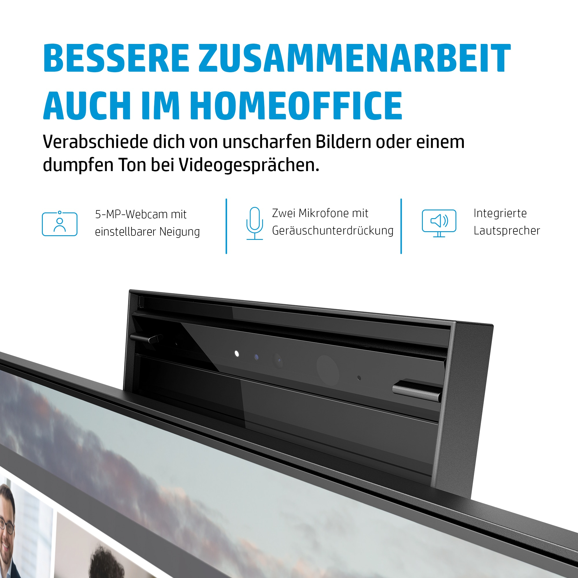 Schwarze Webcam mit integrierten Lautsprechern und Mikrofonen. Text auf Deutsch wirbt für bessere Zusammenarbeit im Homeoffice.