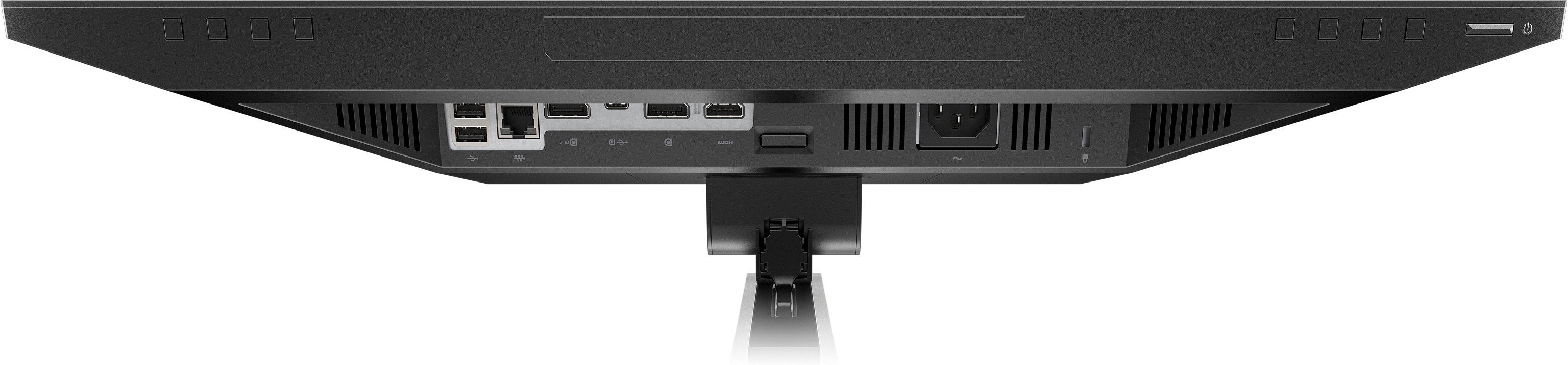 Rückseite des schwarzen Monitors mit Anschlüssen und Stromeingang. Verfügt über USB, HDMI, DisplayPort und Audioausgang.