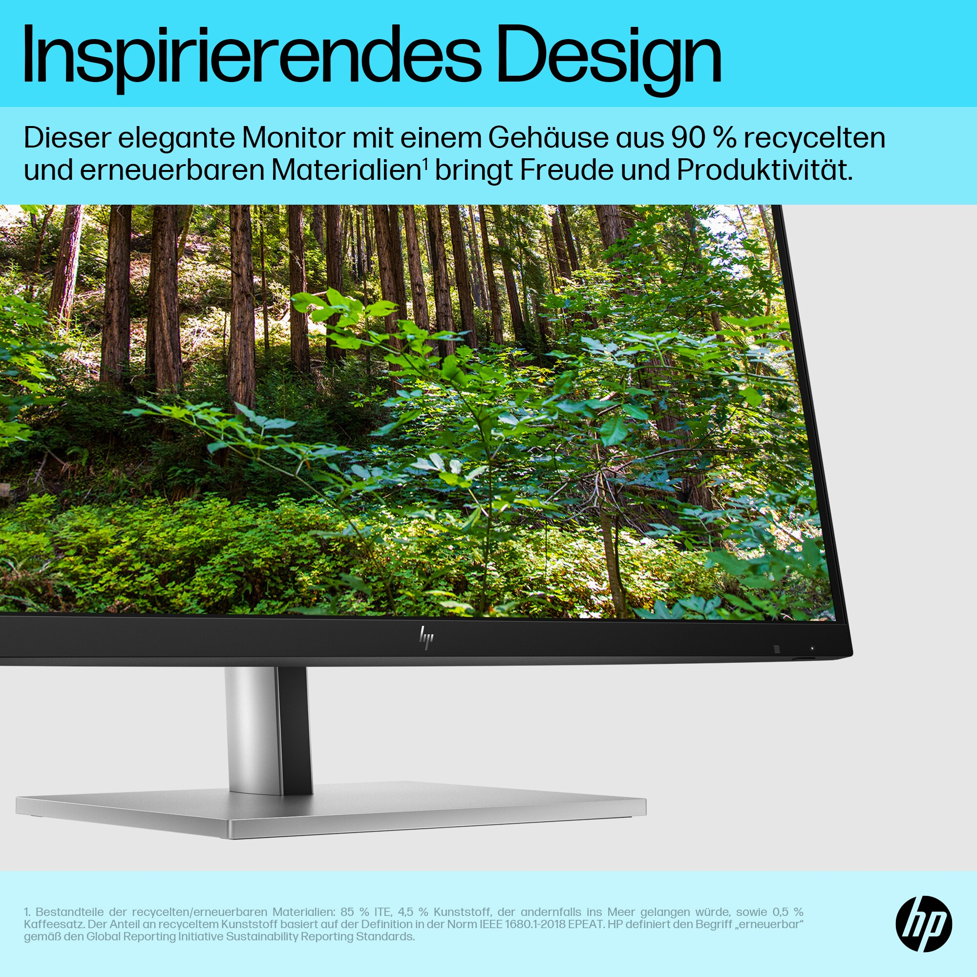 Ein Monitor zeigt eine Waldszene. Der Monitor hat einen schwarzen Rahmen und einen silbernen Ständer. Das HP-Logo ist sichtbar.