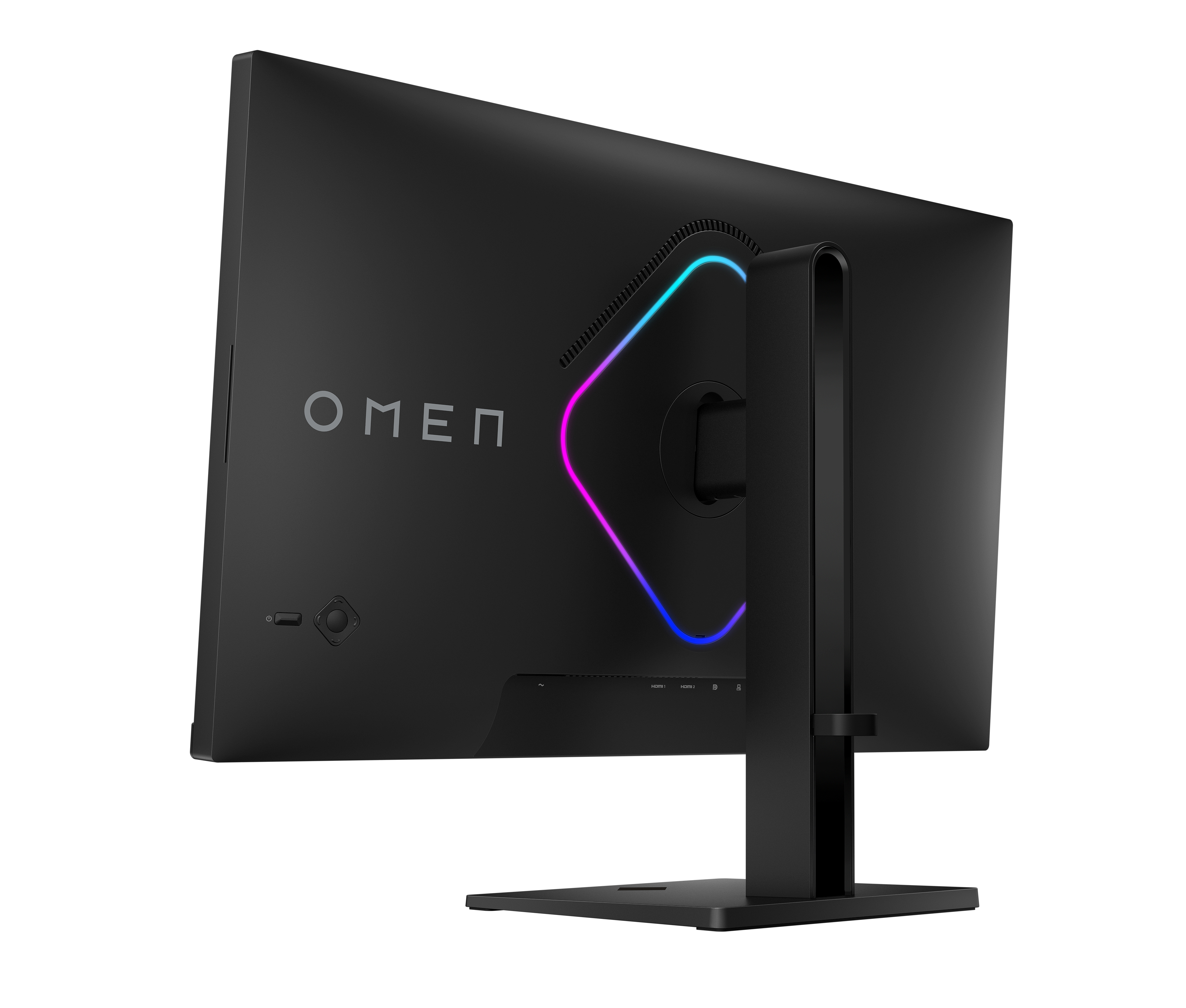 Schwarzer OMEN-Monitor von hinten, mit Ständer. Der Monitor hat ein farbenfrohes Logo. Weißer Hintergrund.