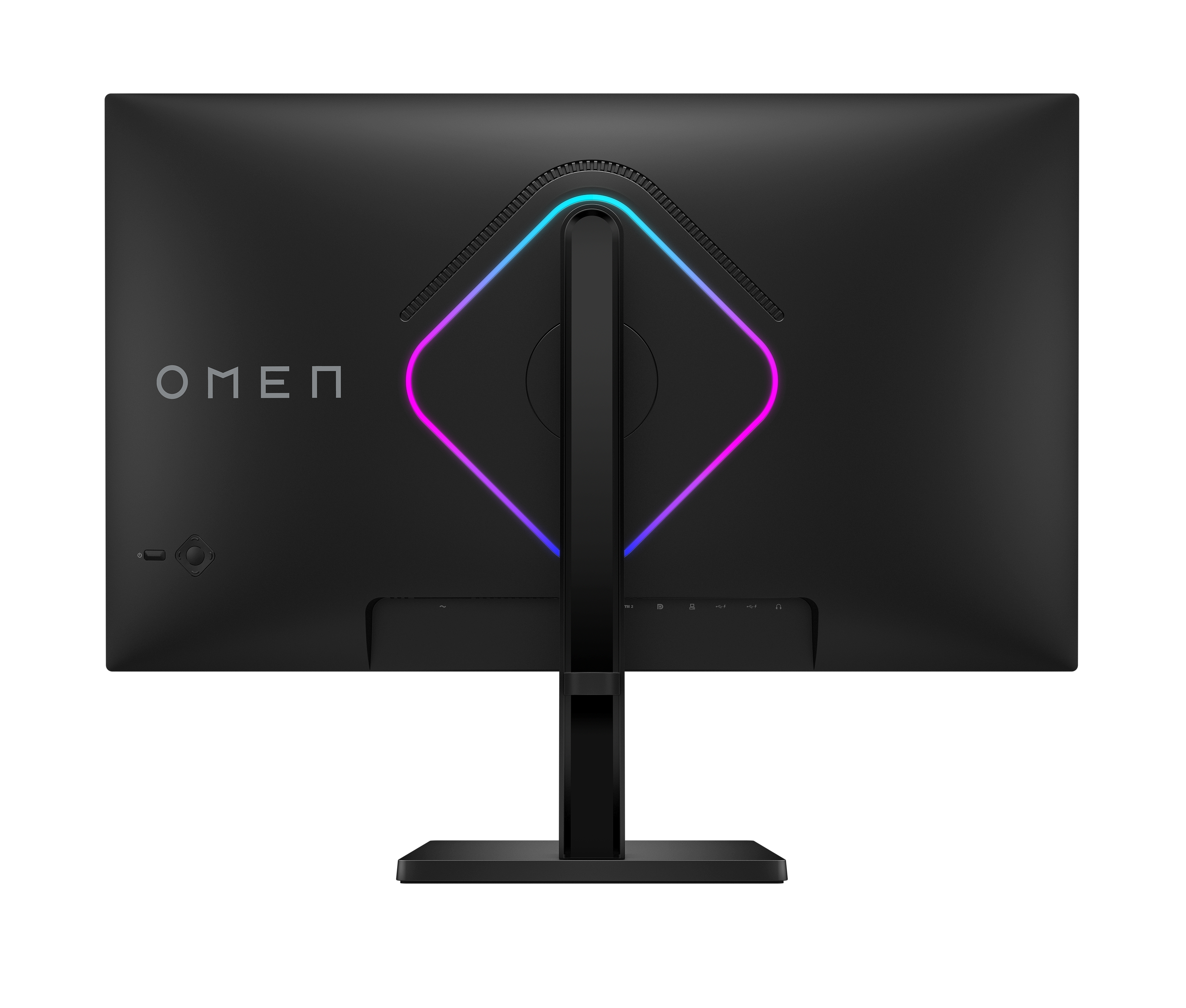 Rückseite eines schwarzen OMEN-Monitors. Er hat ein farbiges Lichtdesign und Anschlüsse. Der Ständer ist ebenfalls schwarz.