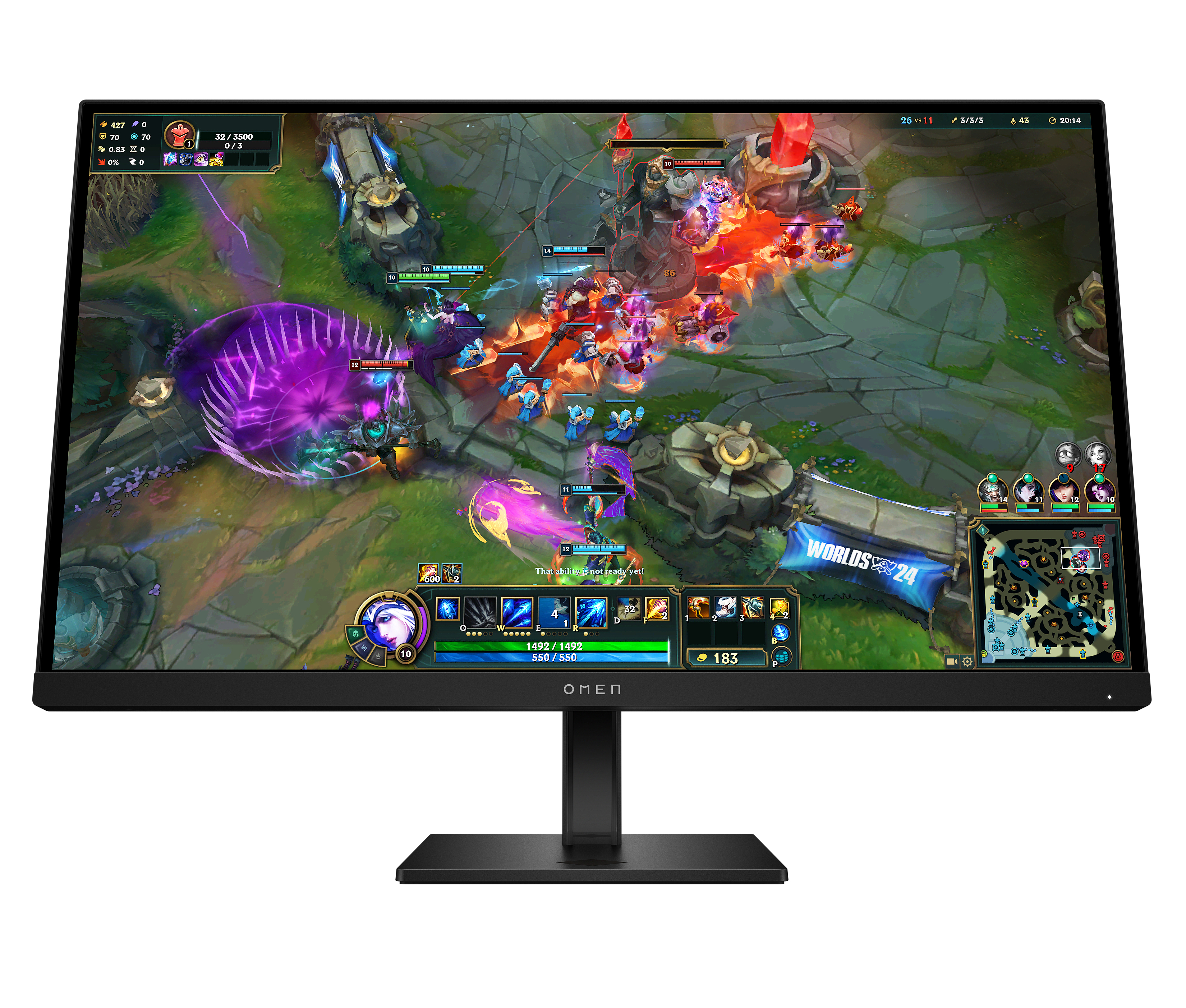 Ein Computermonitor zeigt ein League of Legends-Spiel. Der Bildschirm zeigt eine Kampfszene mit Charakteren und Statistiken.