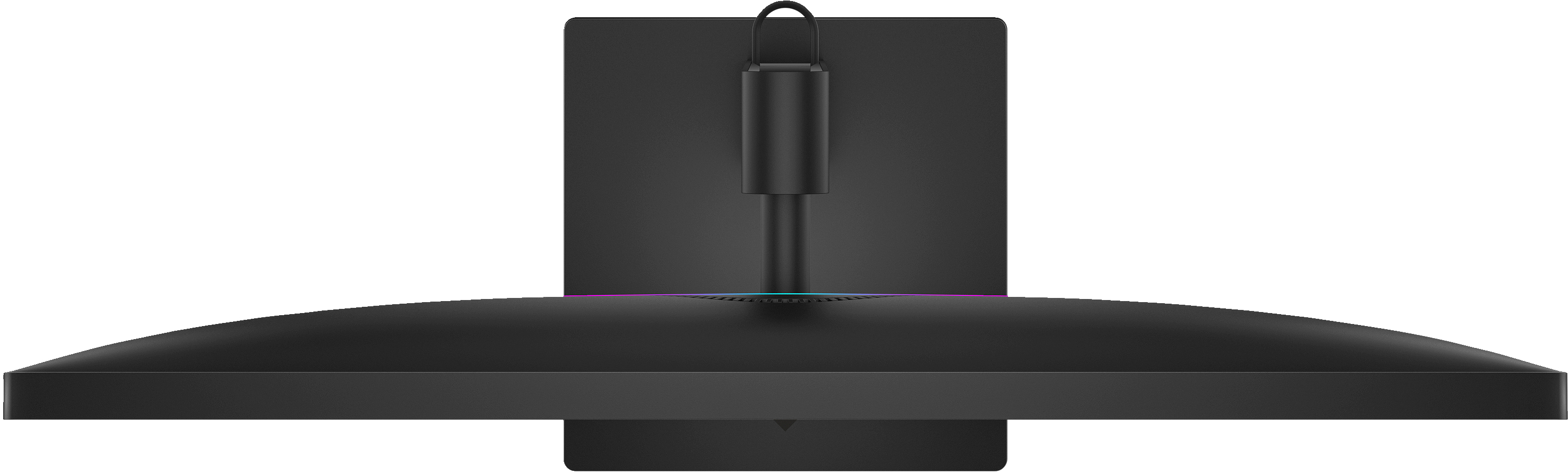 Draufsicht auf einen schwarzen Computermonitor. Er hat einen gebogenen Bildschirm und einen Ständer mit Griff.