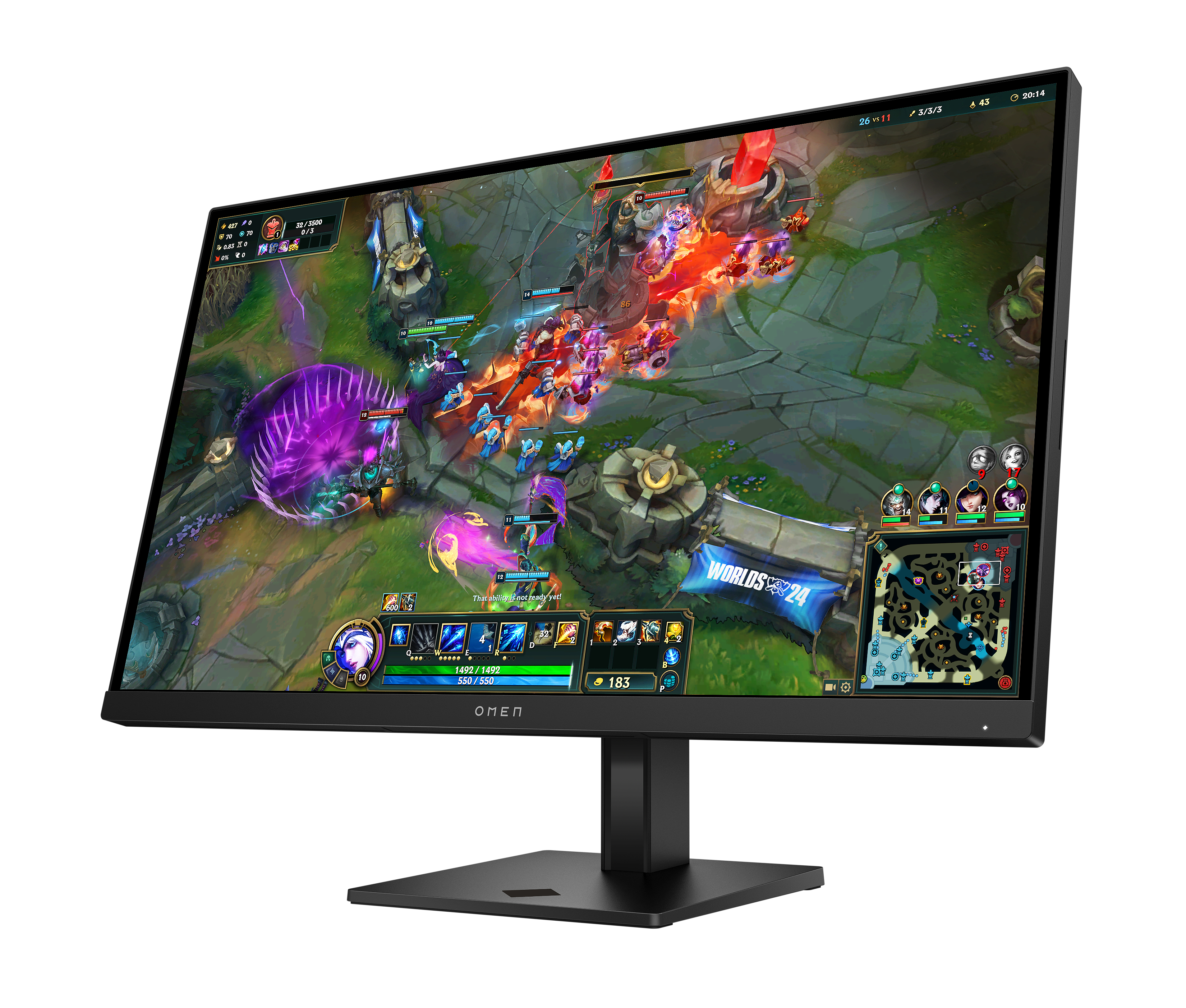 Ein schwarzer OMEN-Monitor zeigt ein League of Legends-Spiel. Der Bildschirm zeigt Action mit Charakteren und Spieldetails.