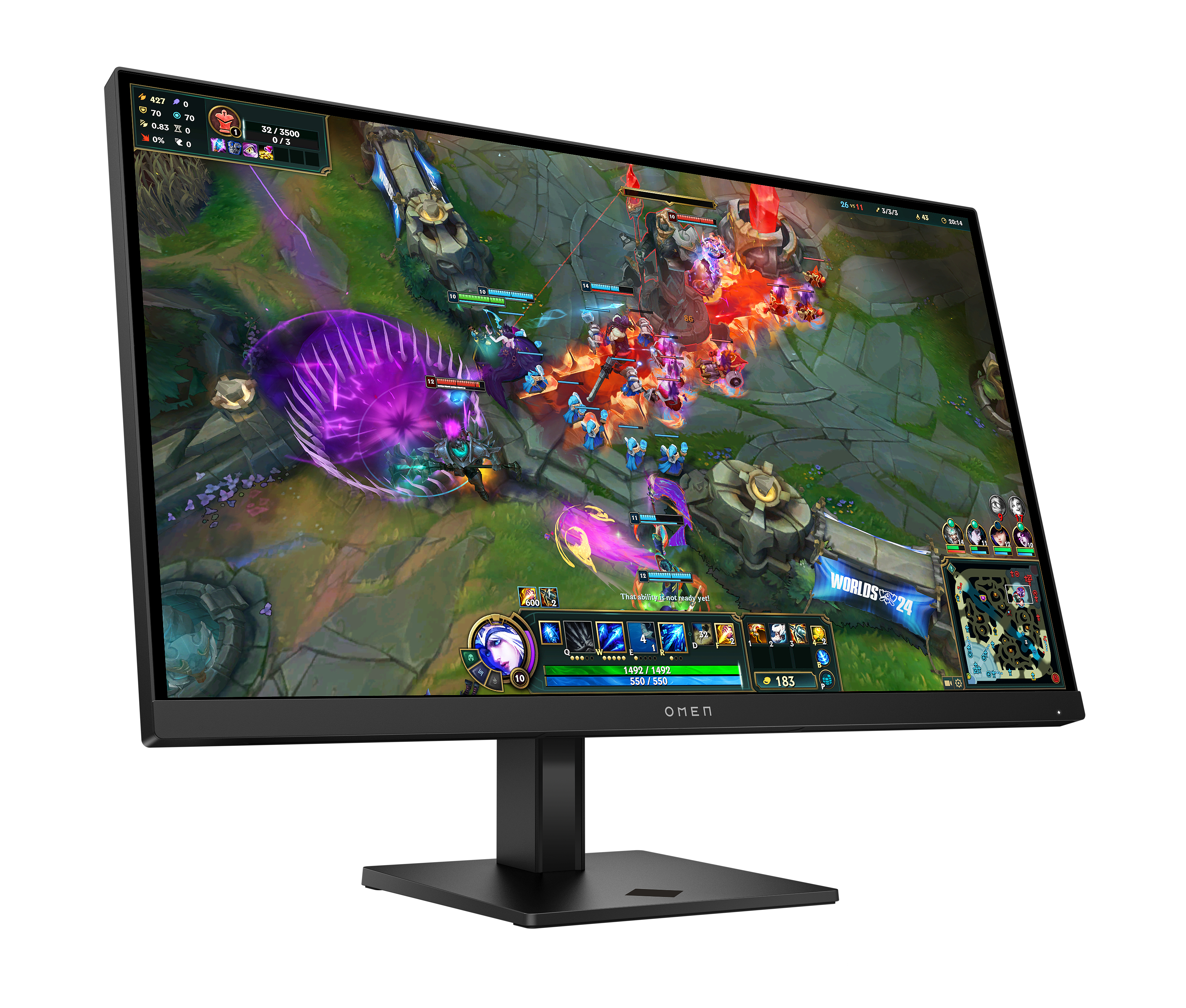 Ein Monitor zeigt ein League of Legends-Spiel. Viele Charaktere kämpfen mit bunten Effekten.