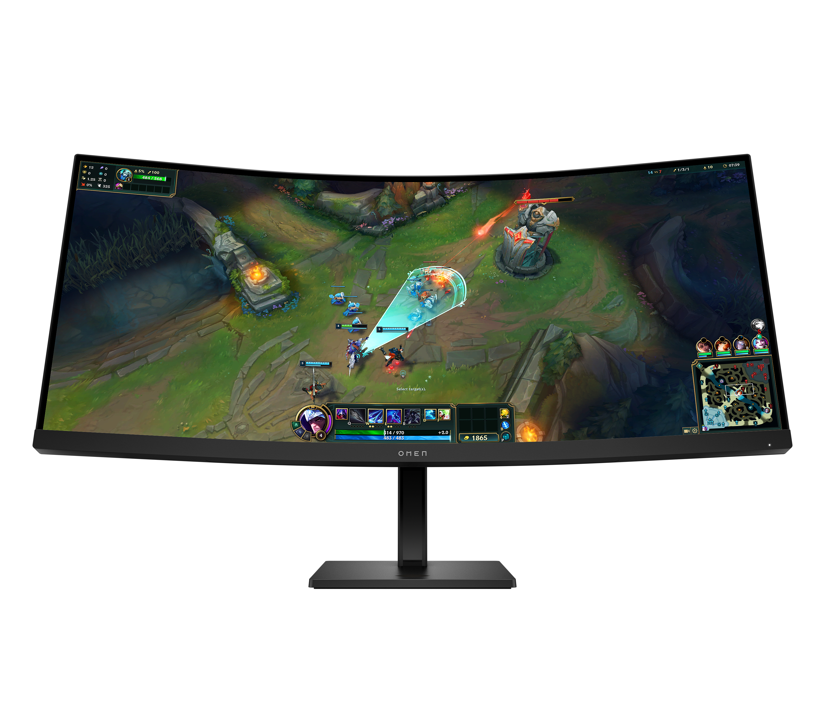 Gebogener Monitor, der ein League of Legends-Spiel anzeigt. Mehrere Charaktere kämpfen auf einer grünen Karte.