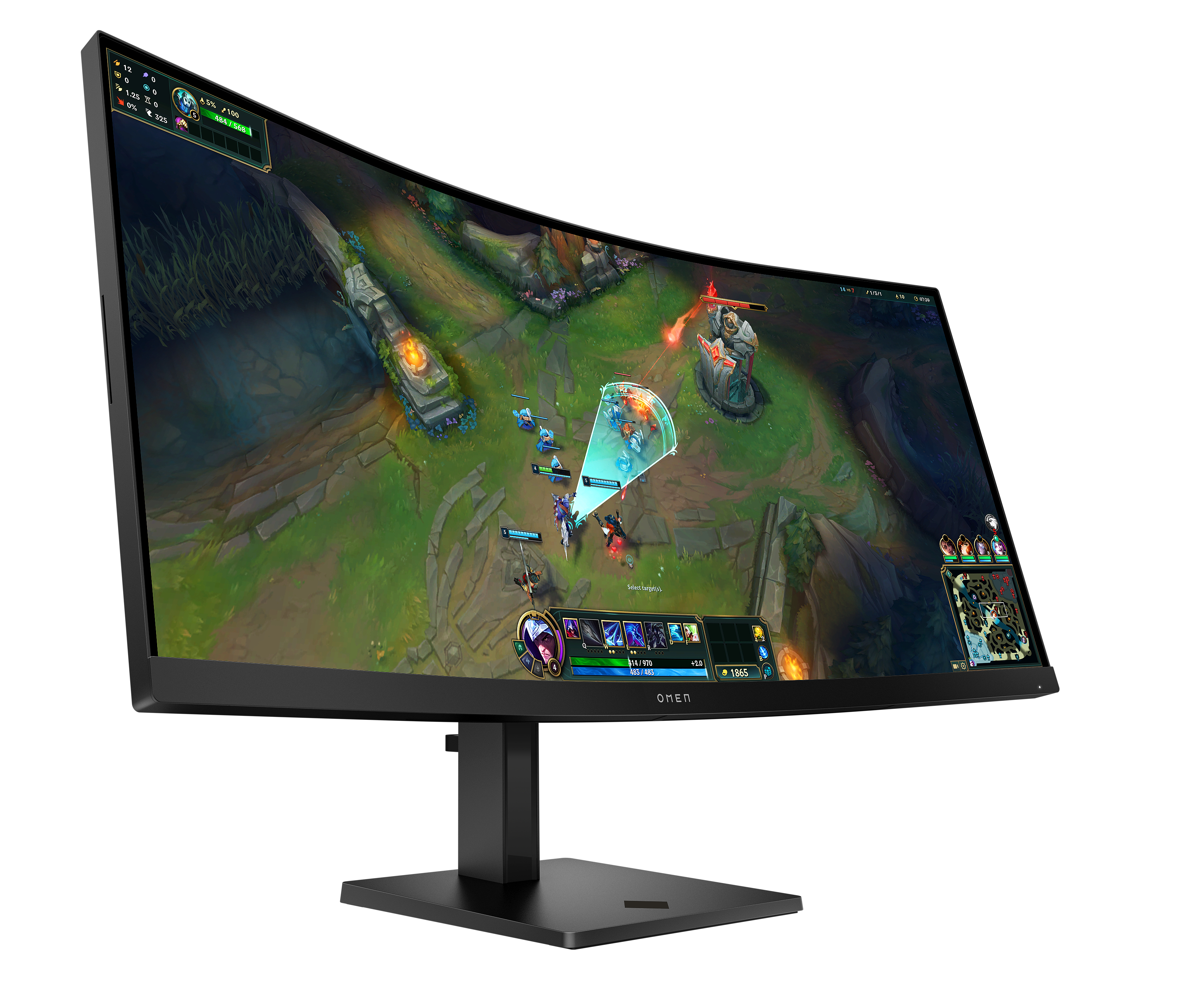 Der gekrümmte Monitor zeigt ein Videospiel. Das Spiel zeigt eine Kampfszene mit Figuren in Aktion.