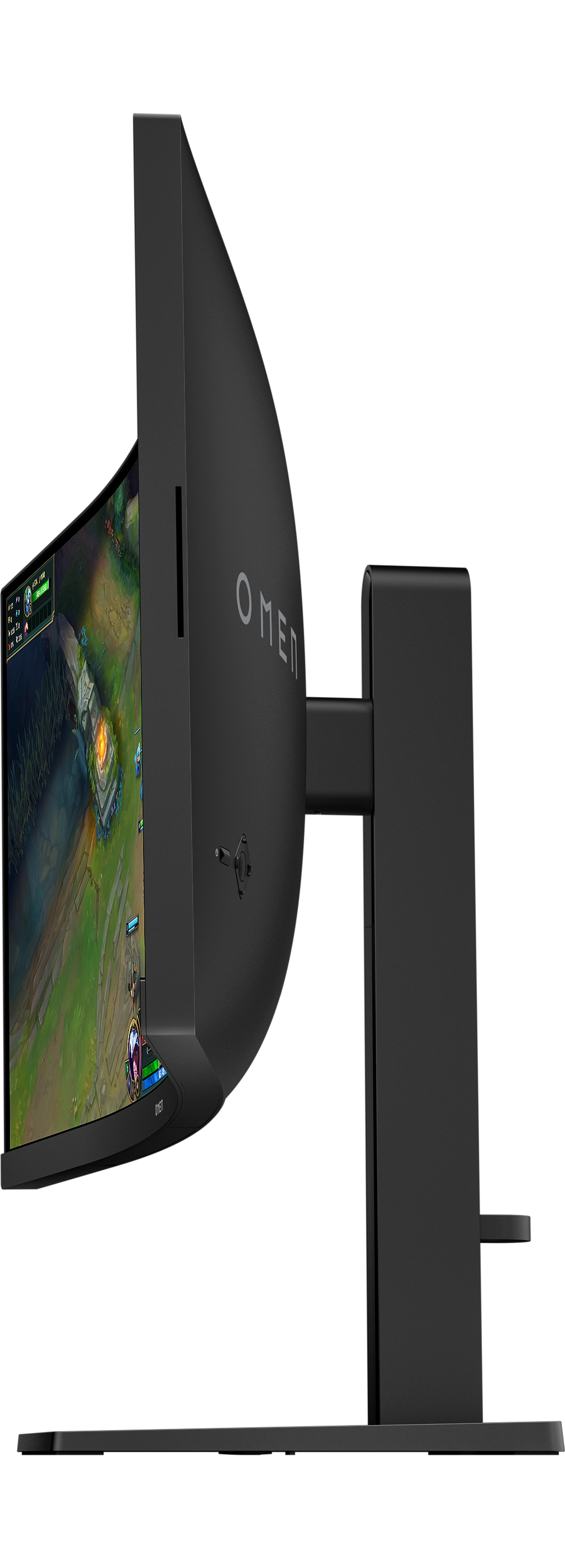 Ein schwarzer OMEN-Gaming-Monitor zeigt ein Spiel. Er steht auf einem schwarzen Ständer. Der Bildschirm zeigt eine Spielszene.