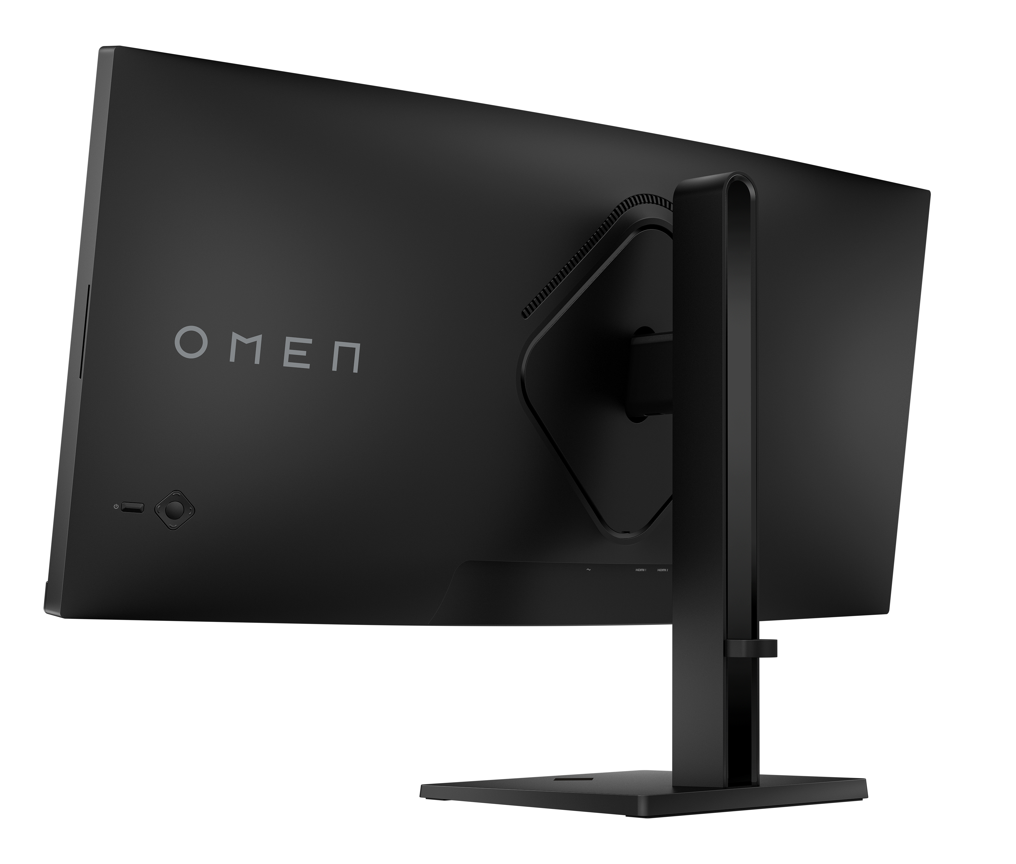 Rückseite eines schwarzen OMEN-Monitors. Er hat einen Ständer, das OMEN-Logo, Anschlüsse und die Rückseite.