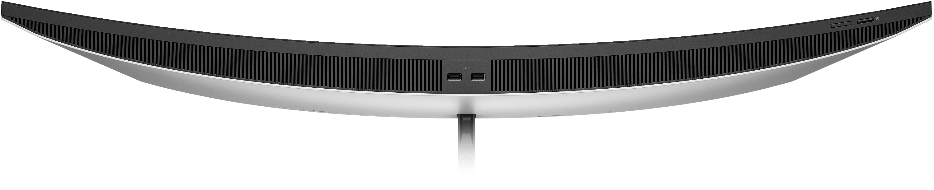 Ein gebogener Computermonitor, schwarze Oberseite mit Lüftungsschlitzen, silberne Basis und ein zentraler Ständer. Anschlüsse sind sichtbar.