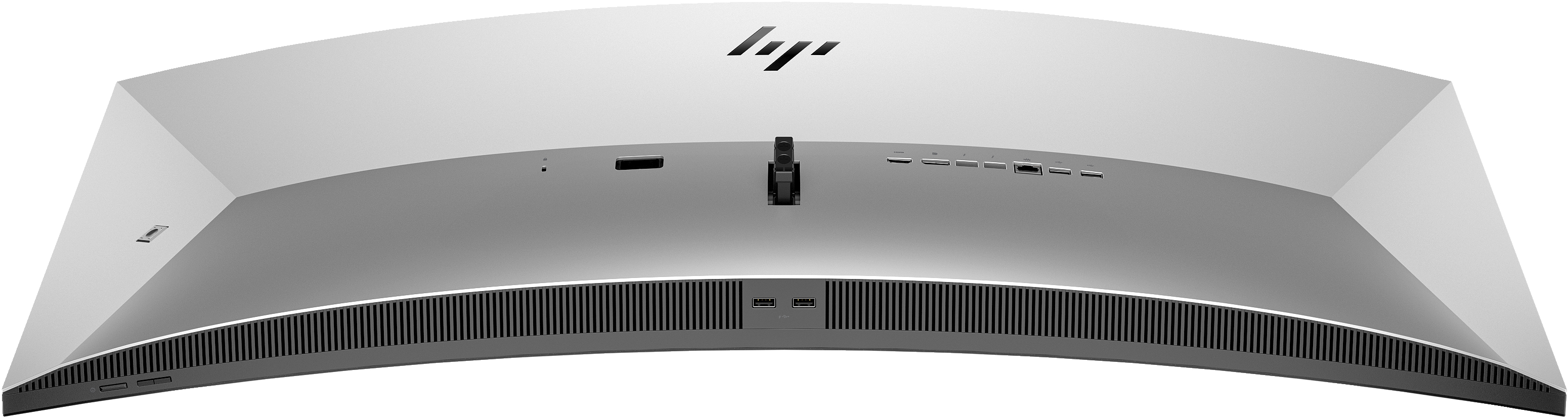 Ein gewölbter Computermonitor. HP-Logo oben. Verschiedene Anschlüsse und USBs sind hinten sichtbar.