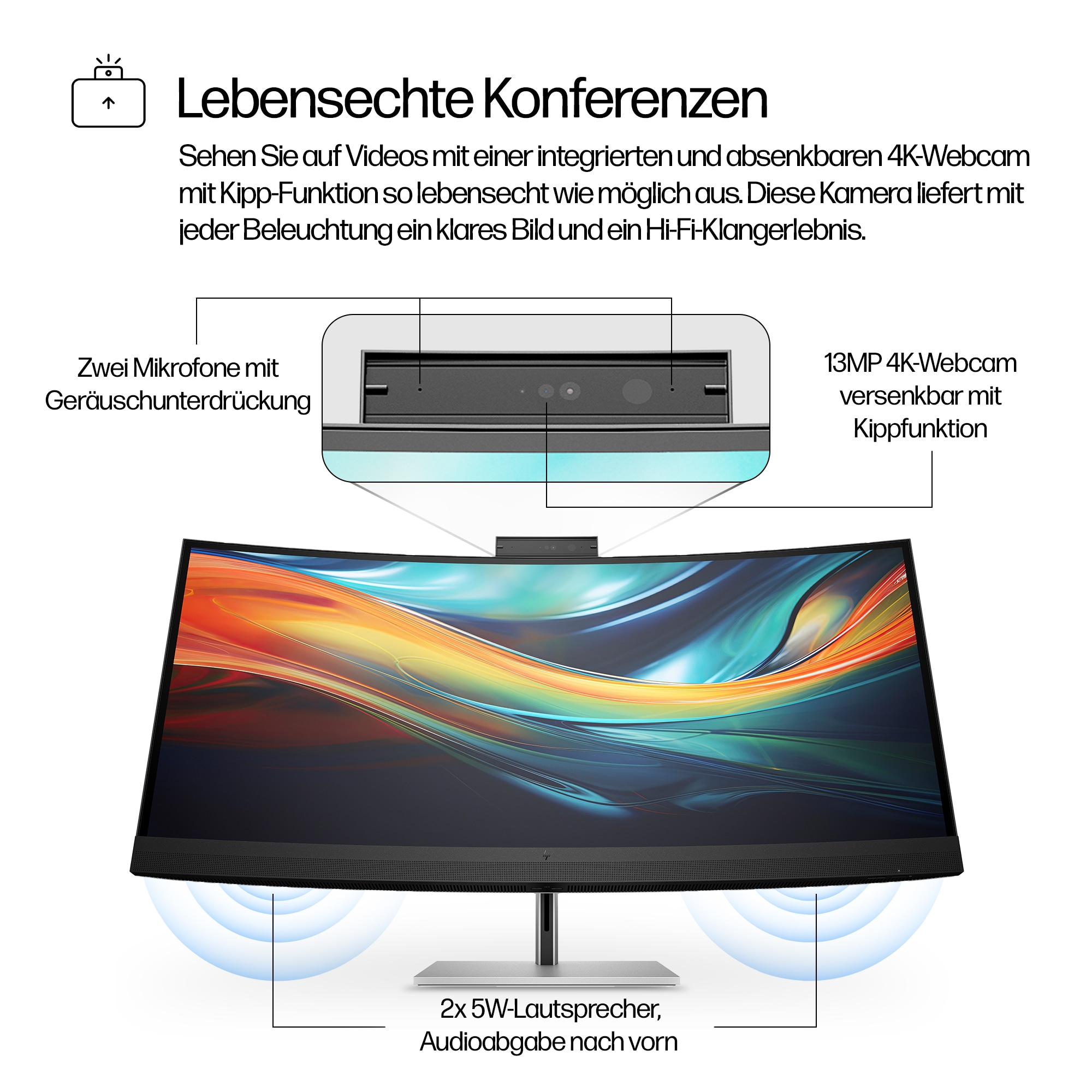 Ein gebogener Monitor mit integrierter Webcam und Lautsprechern. Er hat zwei Mikrofone und ein Hi-Fi-Soundsystem.