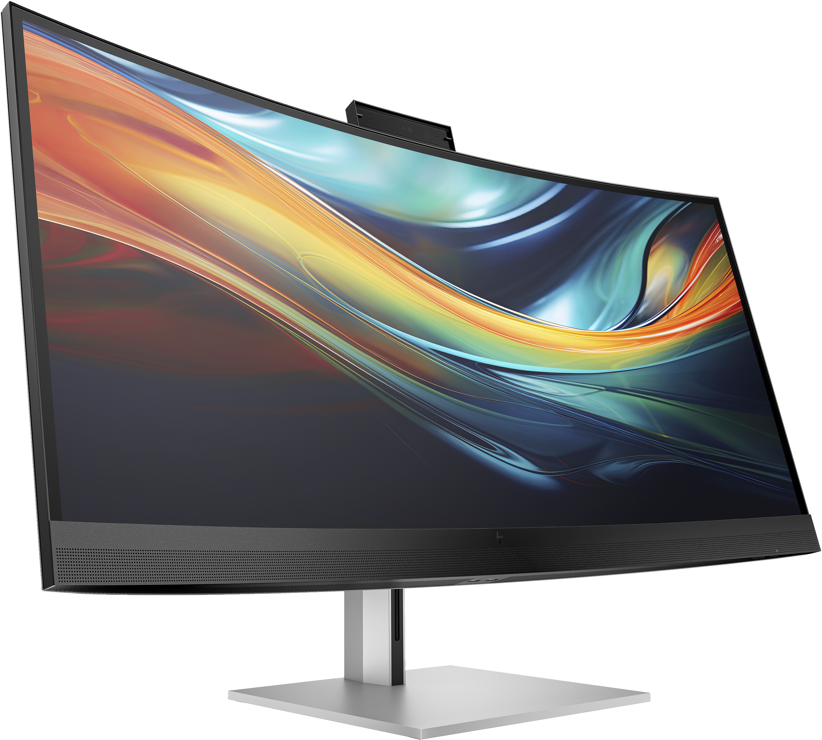 Gebogener Computermonitor mit farbenfroher Anzeige. Er hat eine schwarze Einfassung, einen Ständer und eine Kamera.