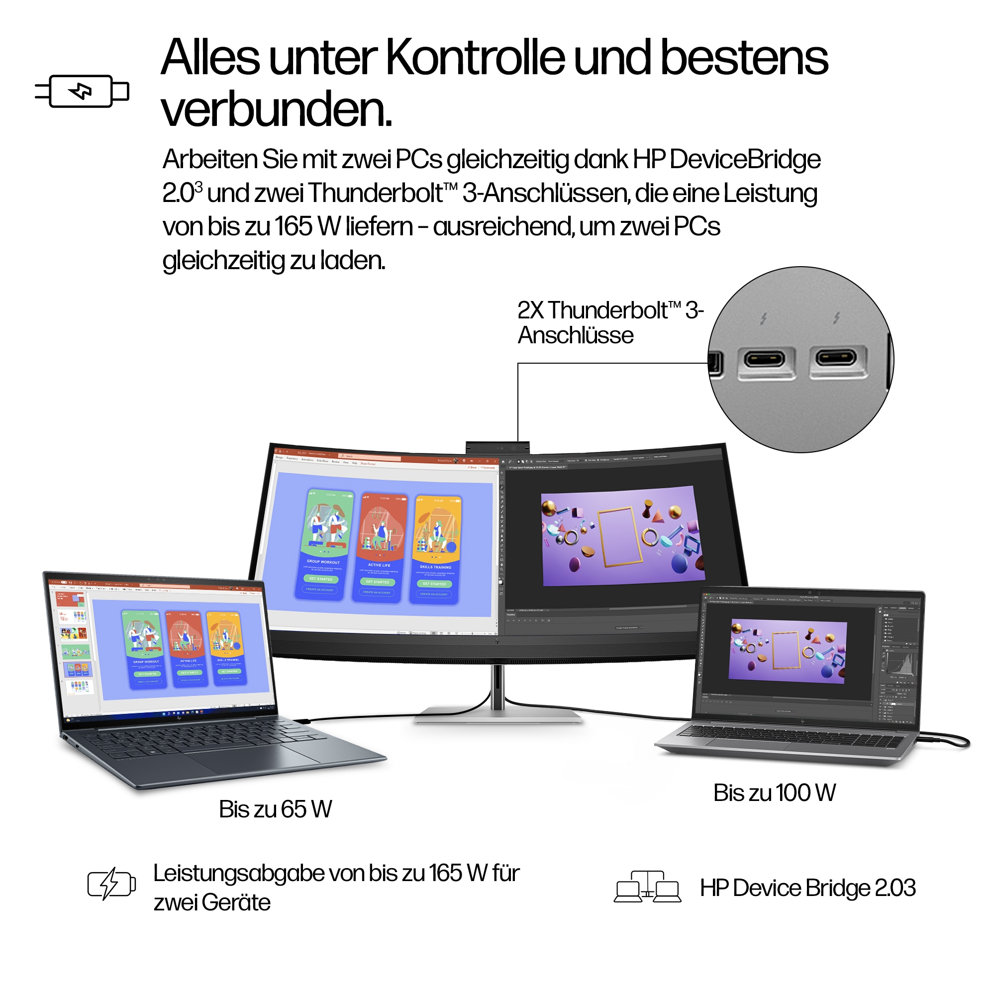 Das Bild zeigt Laptops, die an einen Monitor angeschlossen sind. Text erklärt Dual-PC-Setup mit Thunderbolt und HP DeviceBridge.